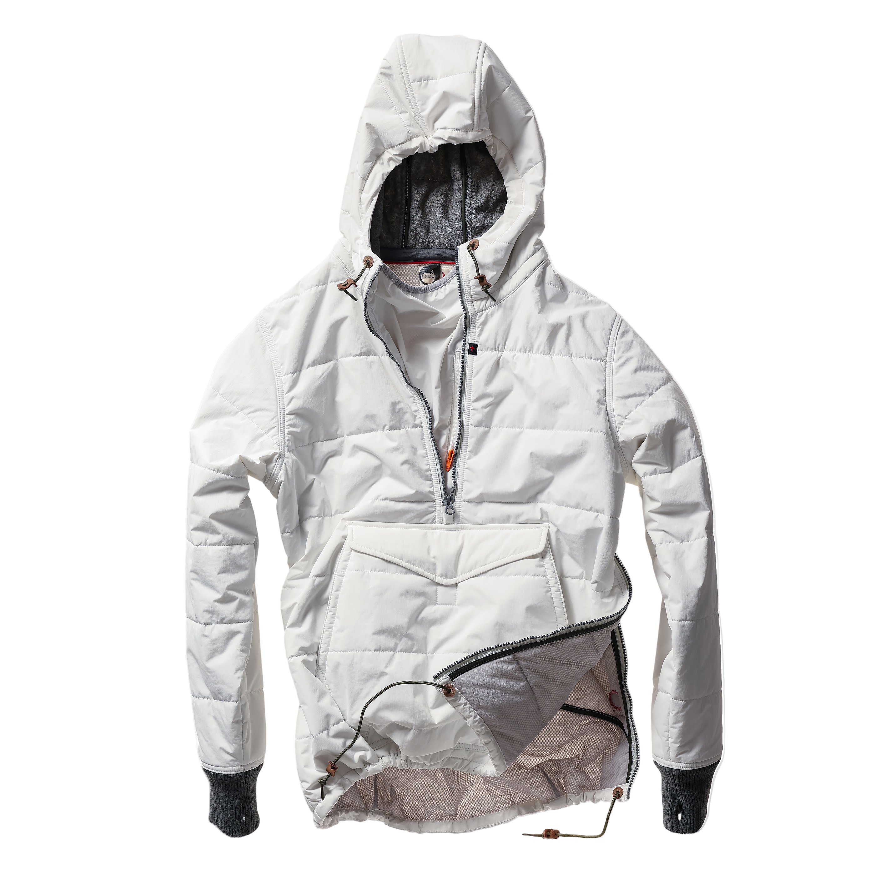 White insulated jacket with a hood on a white background