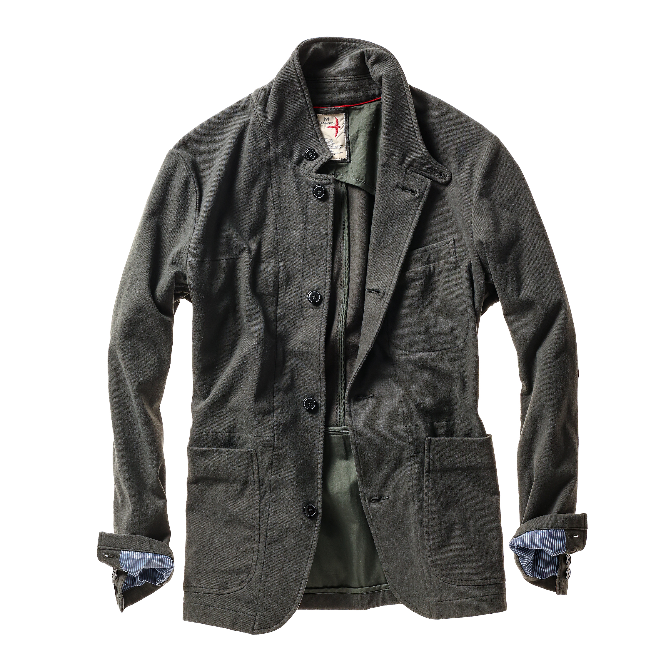 Dark green jacket with rolled-up sleeves on a white background