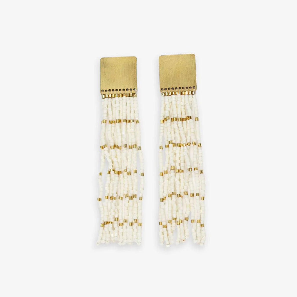 Harlow Brass Top Solid With Gold Stripe Beaded Fringe Earrings Ivory