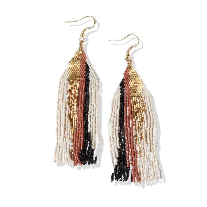Camille Abstract Stripe Beaded Fringe Earrings Mixed Metallic