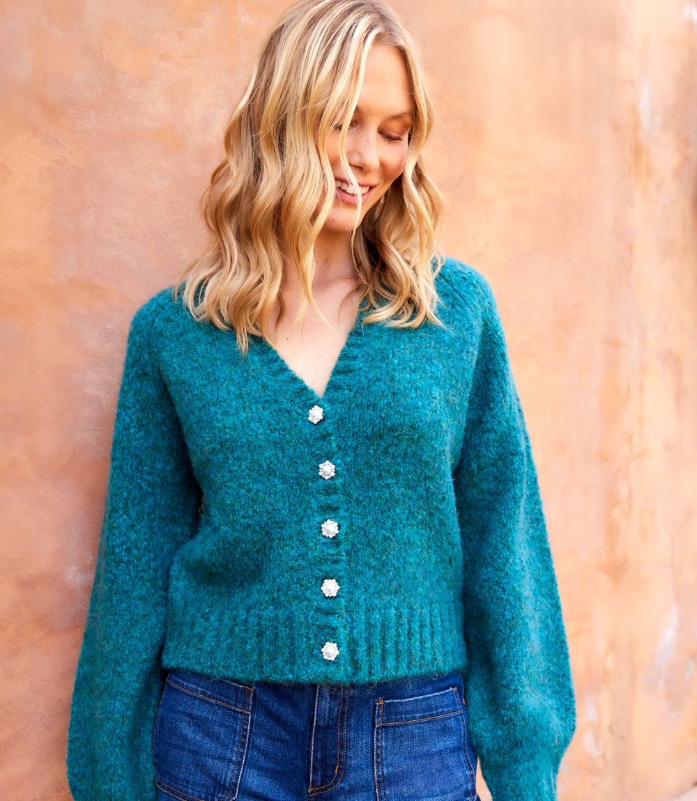 Pearl Button Cardigan Sweater - Teal