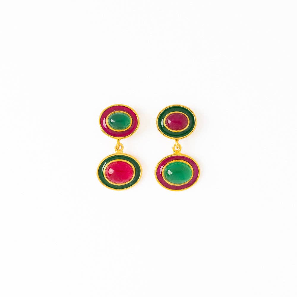 Betty Semi-Precious Mixed Stone and Enamel Drop Earrings - Magenta and Green