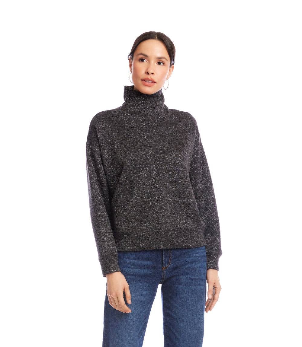 Faux Wrap Turtleneck Top - Black w/ Silver
