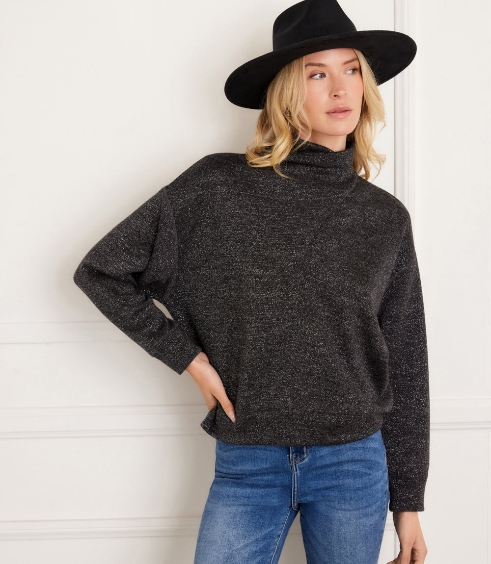 Faux Wrap Turtleneck Top - Black w/ Silver