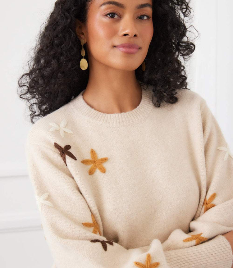 Embroidered Flower Sweater - Ecru