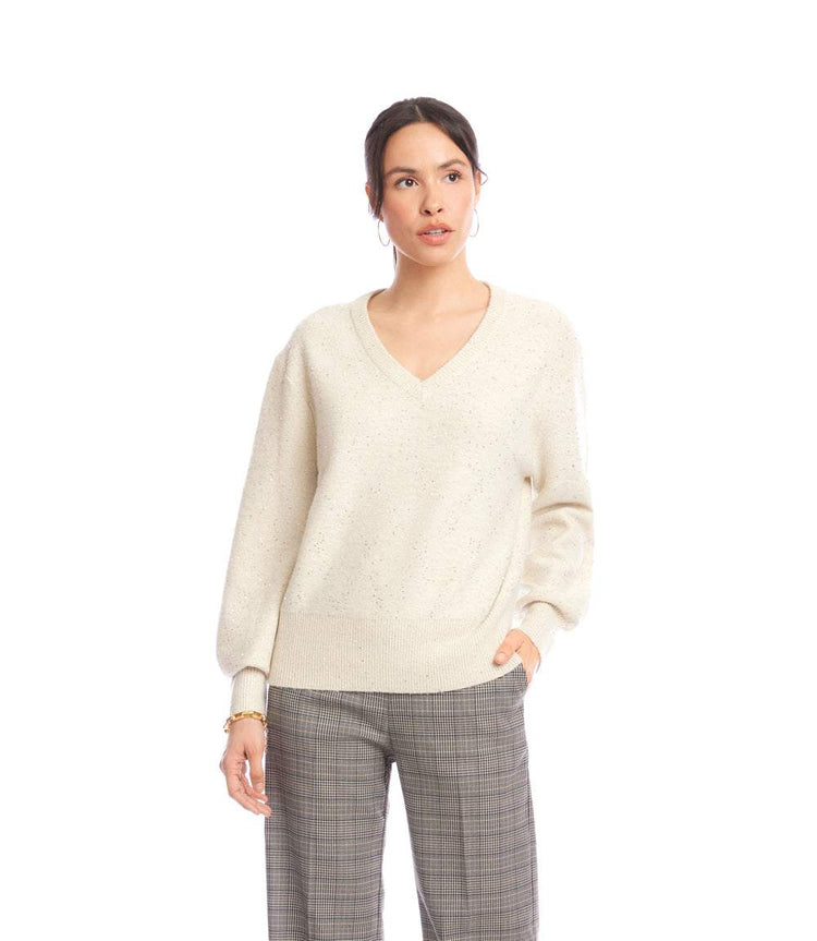 Sequin V Neck Sweater - Sand