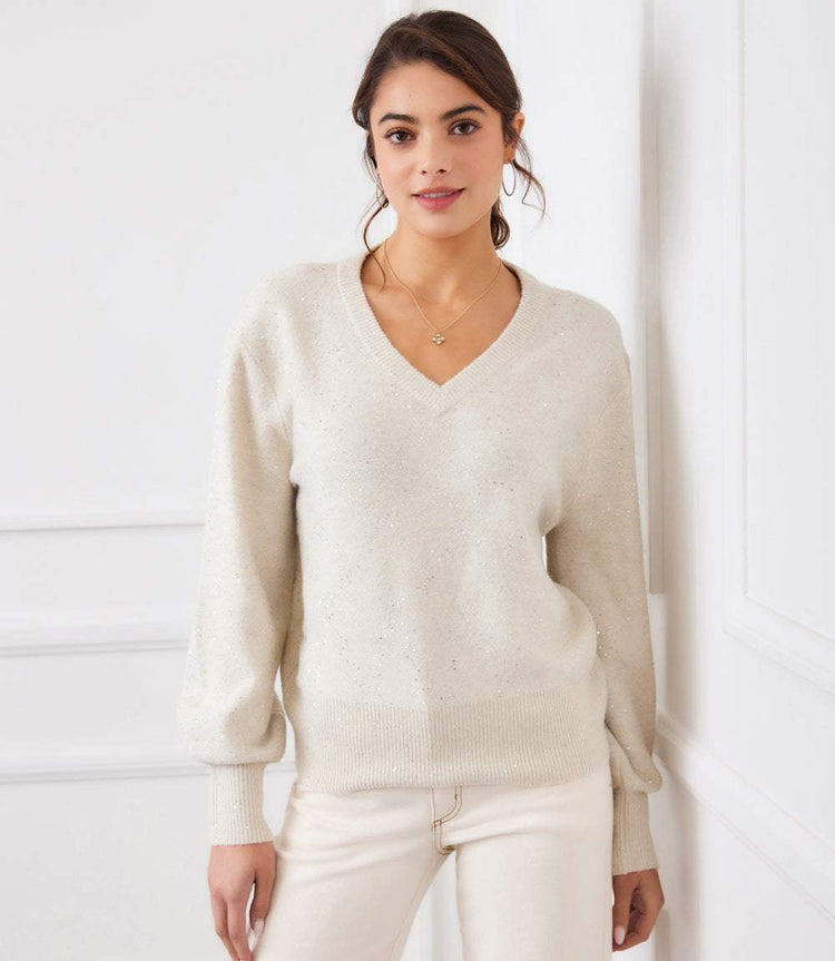 Sequin V Neck Sweater - Sand