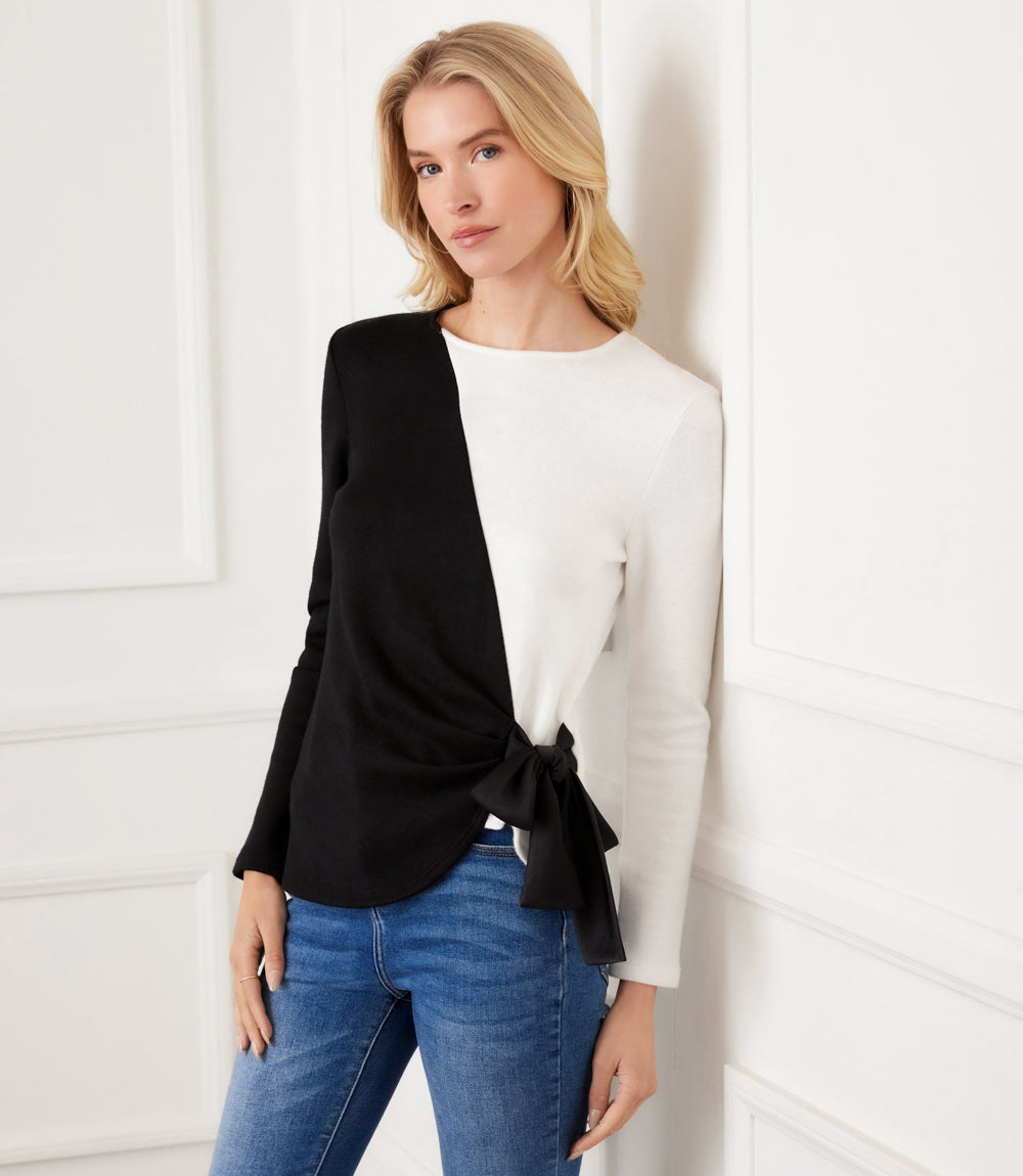 Colorblock Satin Bow Top Long Sleeve Shirt - Black/Ivory