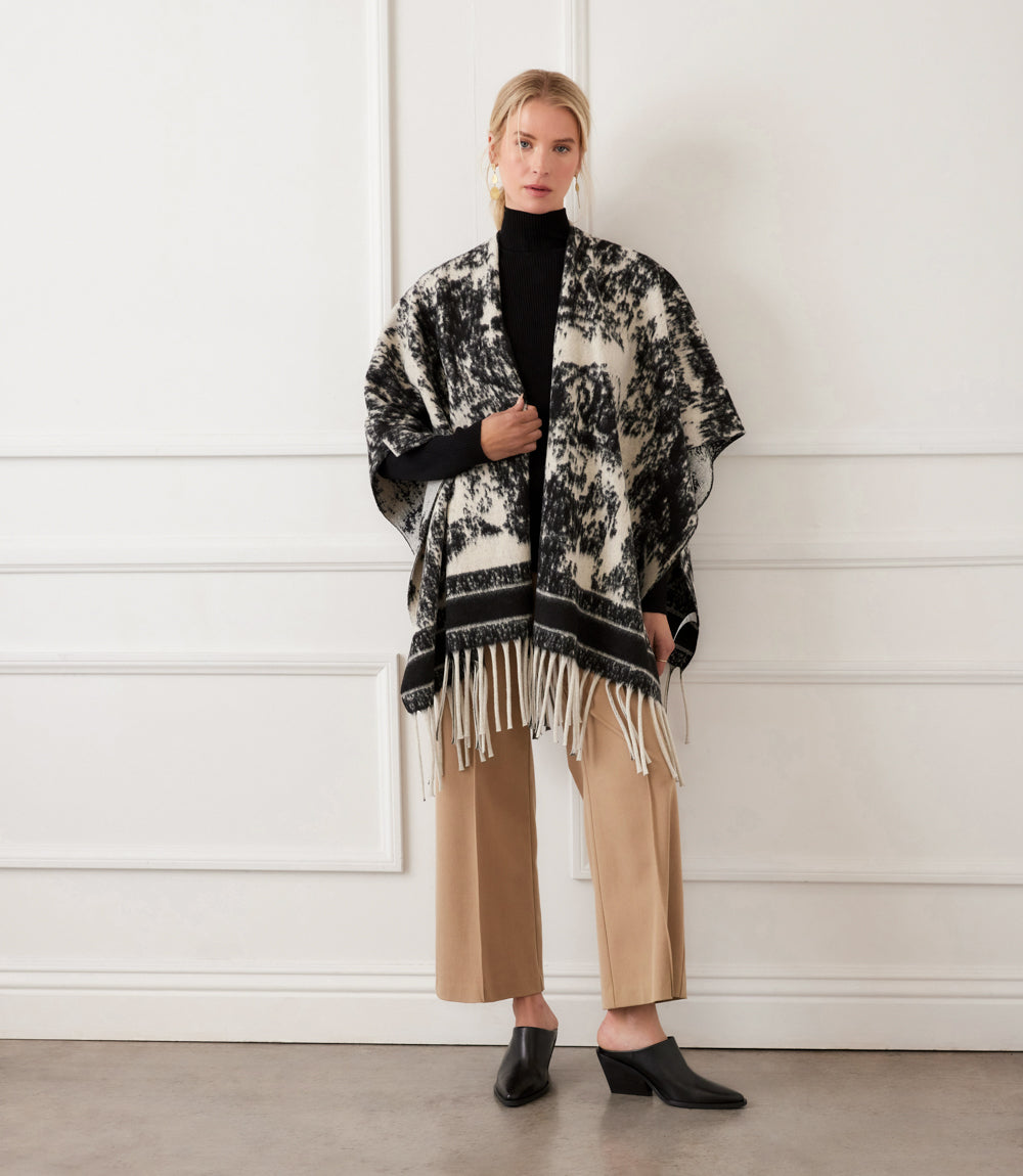 Brushed Jacquard Knit Fringe Poncho - Ecru w/ Black