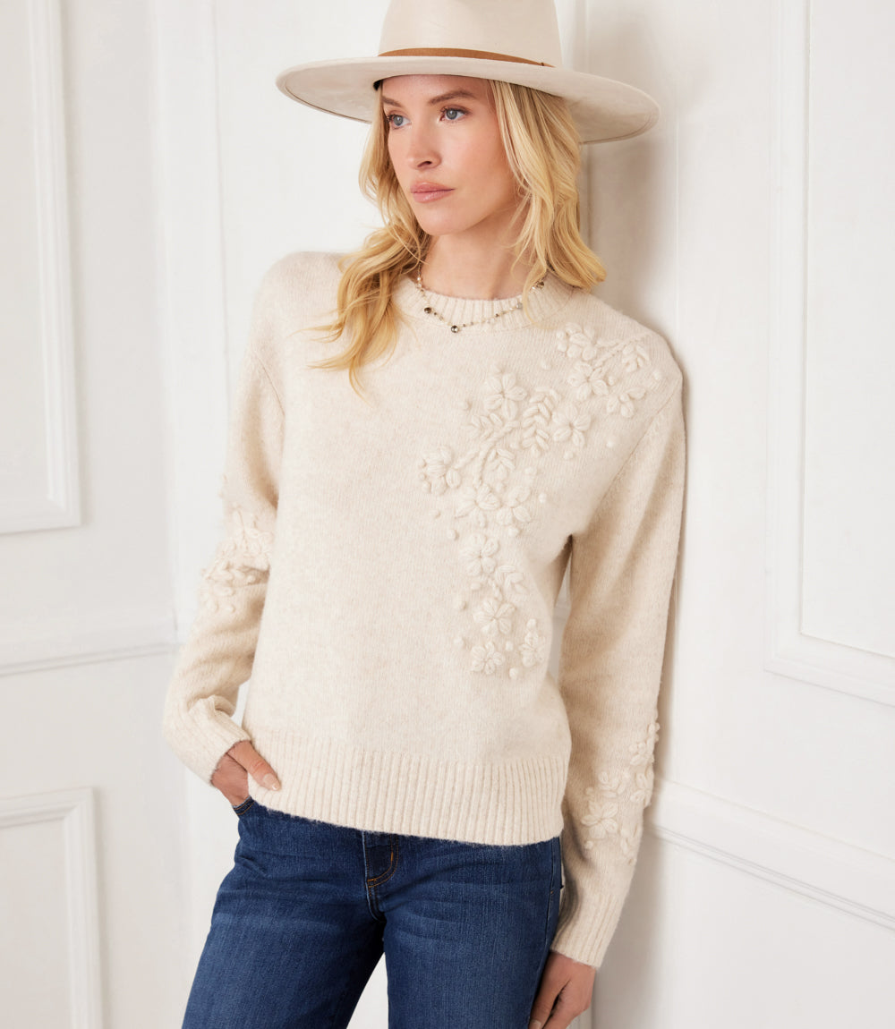 Hand Embroidered Flower Detail Sweater - Light Oatmeal