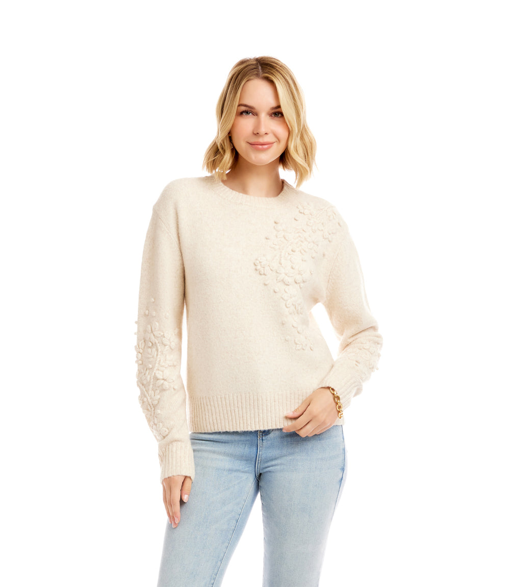 Hand Embroidered Flower Detail Sweater - Light Oatmeal