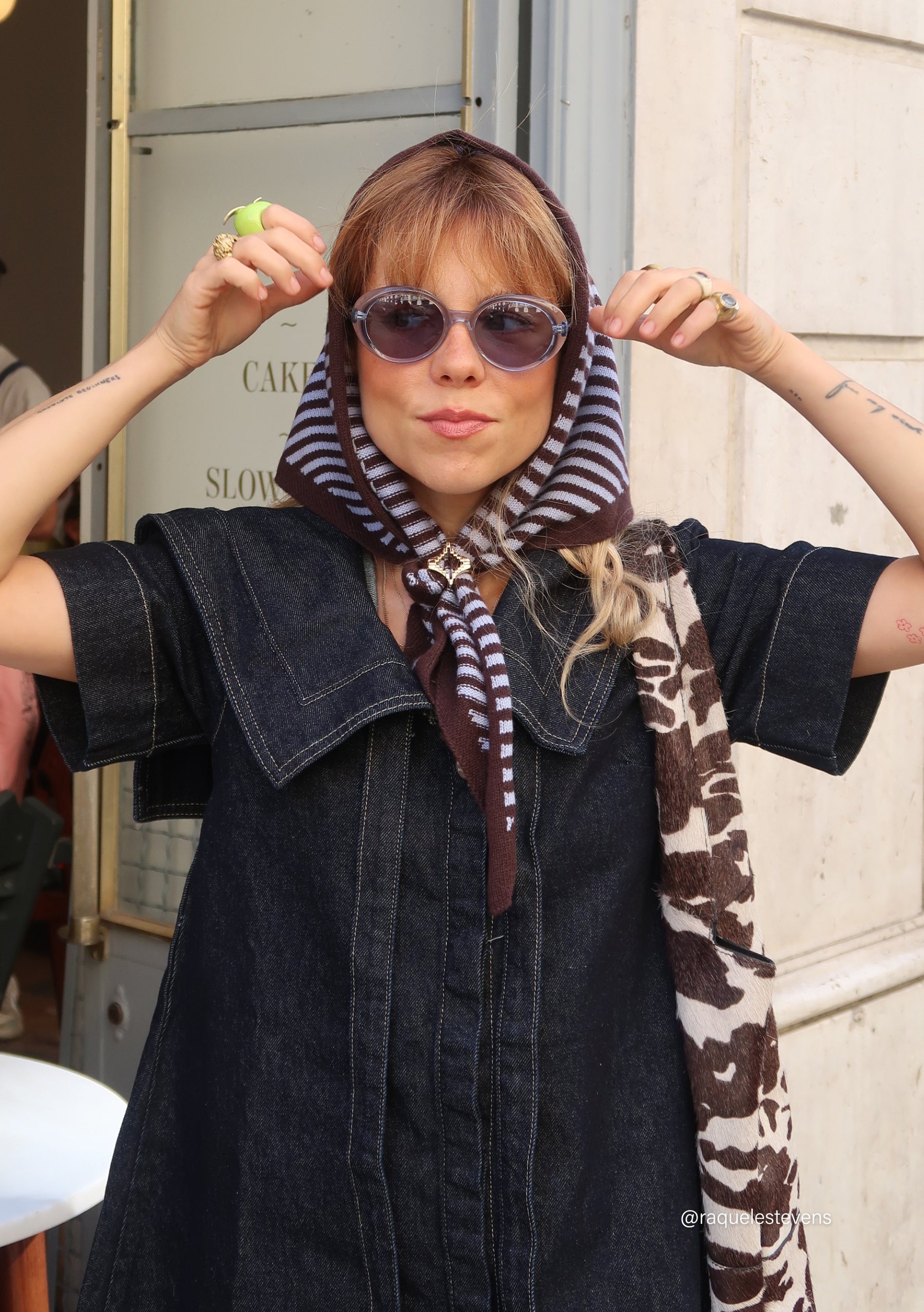 Merino Triangle Scarf in Blue & Brown Stripe