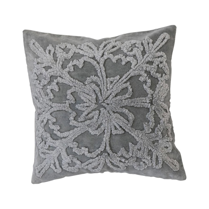 18" Square Cotton Tufted Velvet Pillow w/ Snowflake & Chambray Back, Gray & Natural