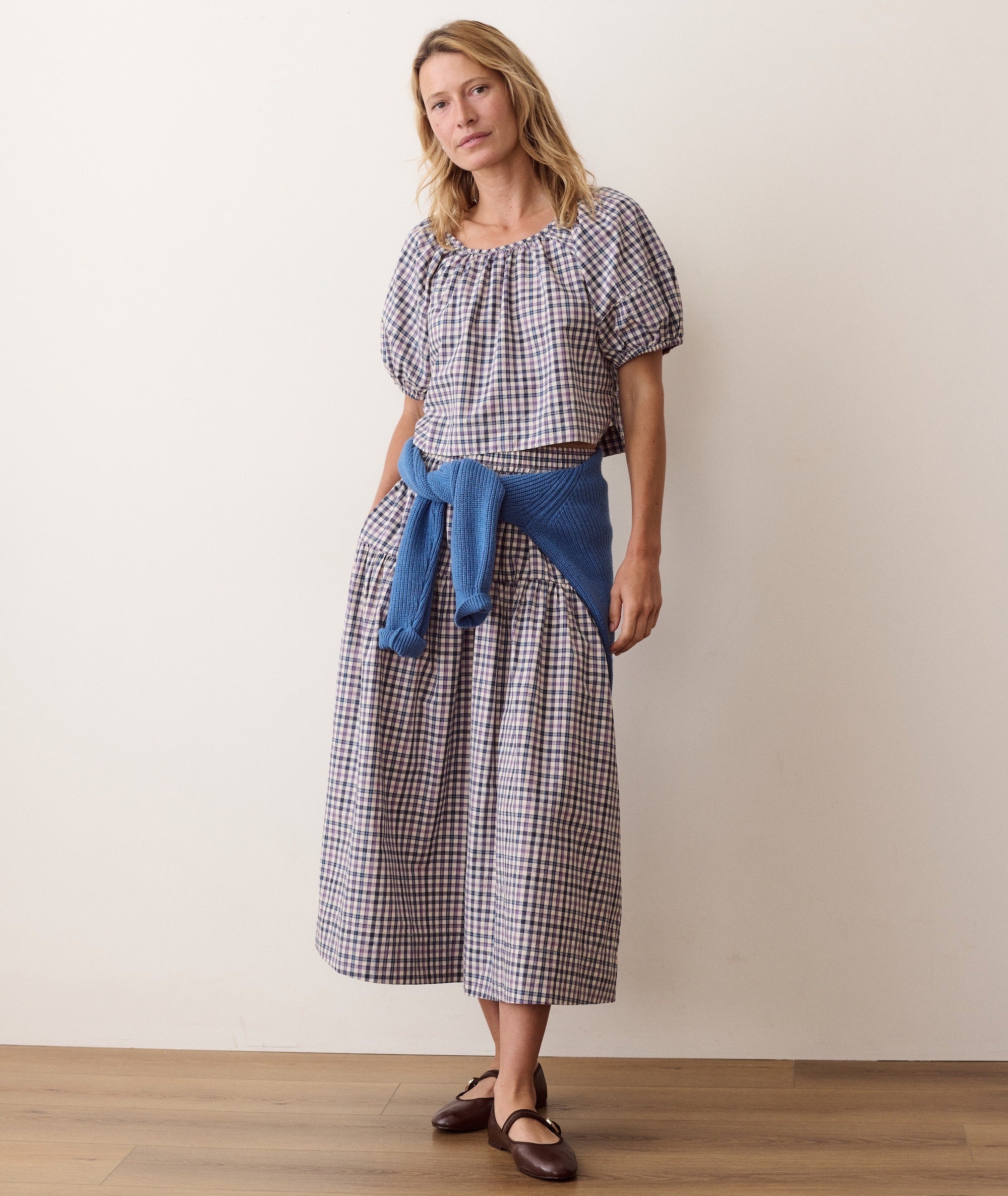 Gia Poplin Blouse - Blue & Lavender Plaid