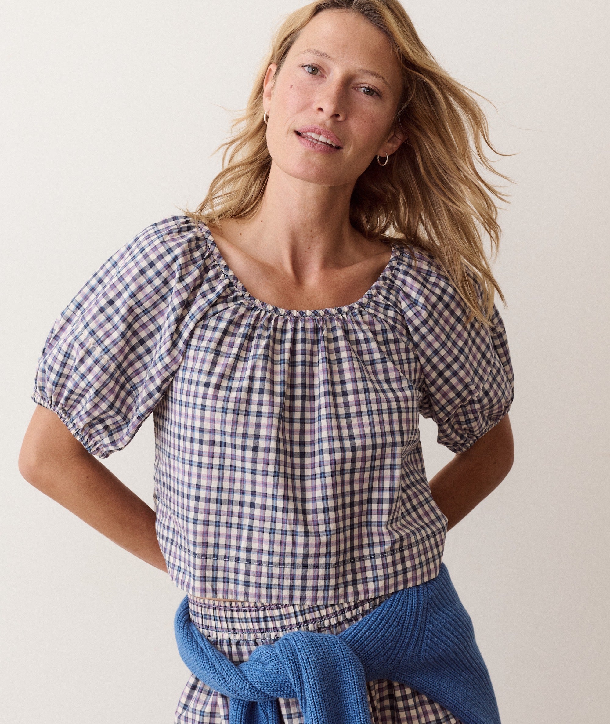 Gia Poplin Blouse - Blue & Lavender Plaid