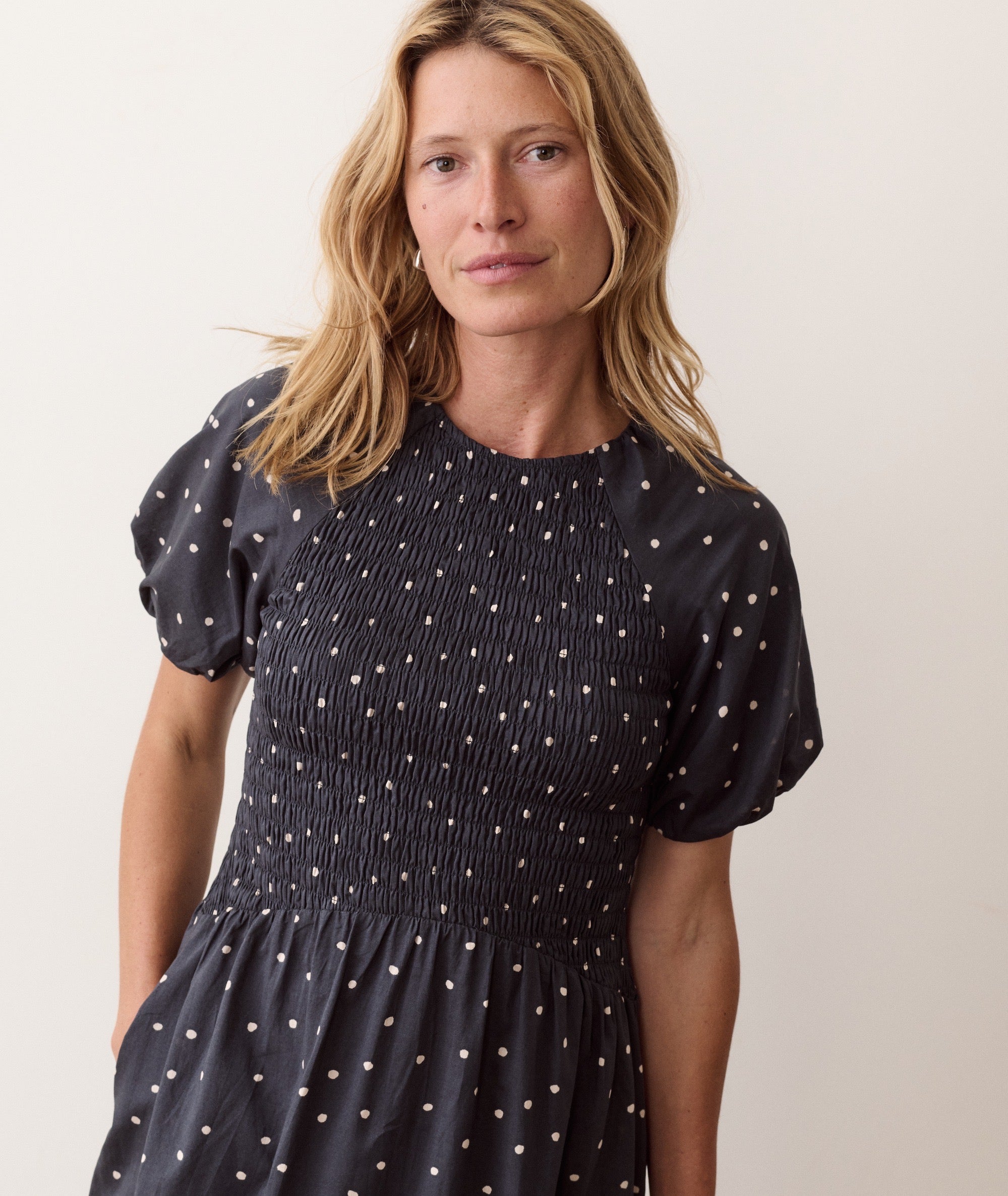 Gigi Smocked Dress - Navy Polka Dot