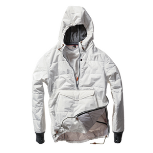 White insulated jacket with a hood on a white background