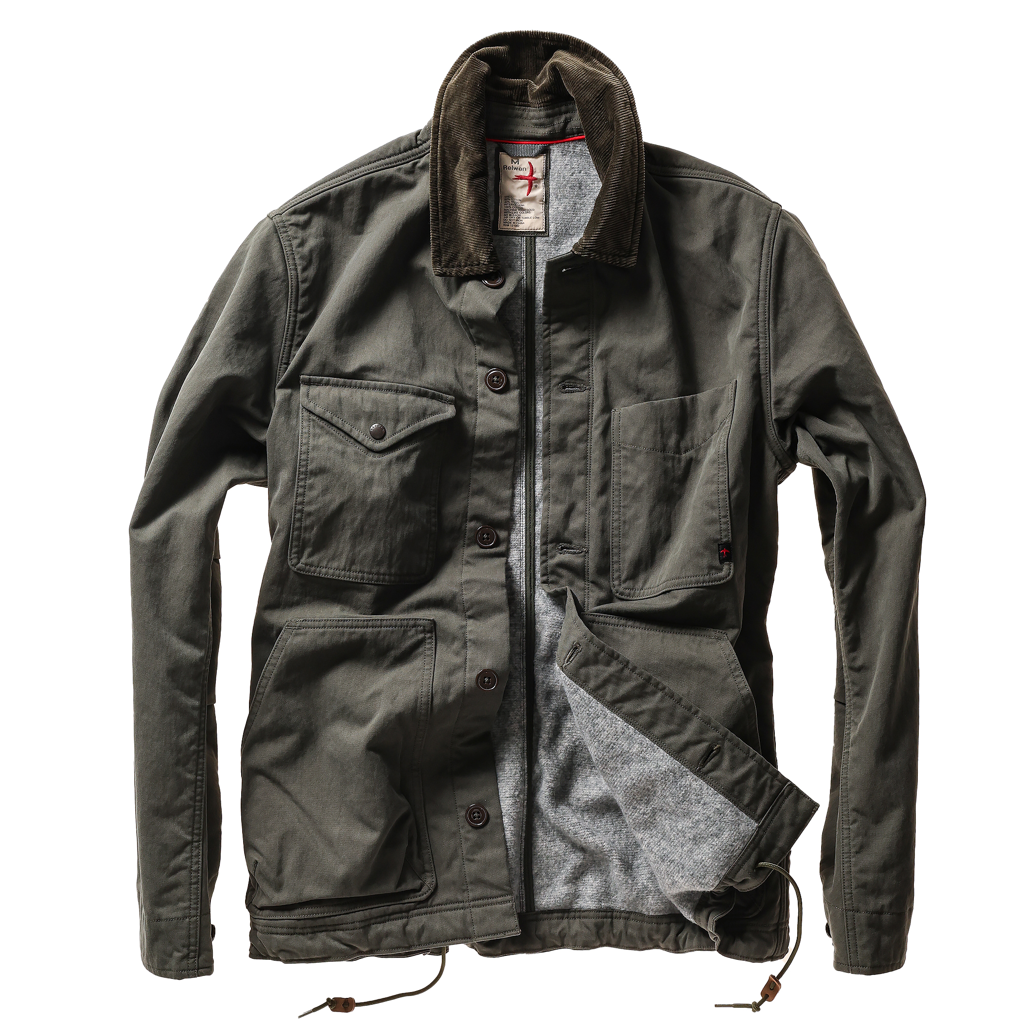 Green jacket with gray lining on a white background