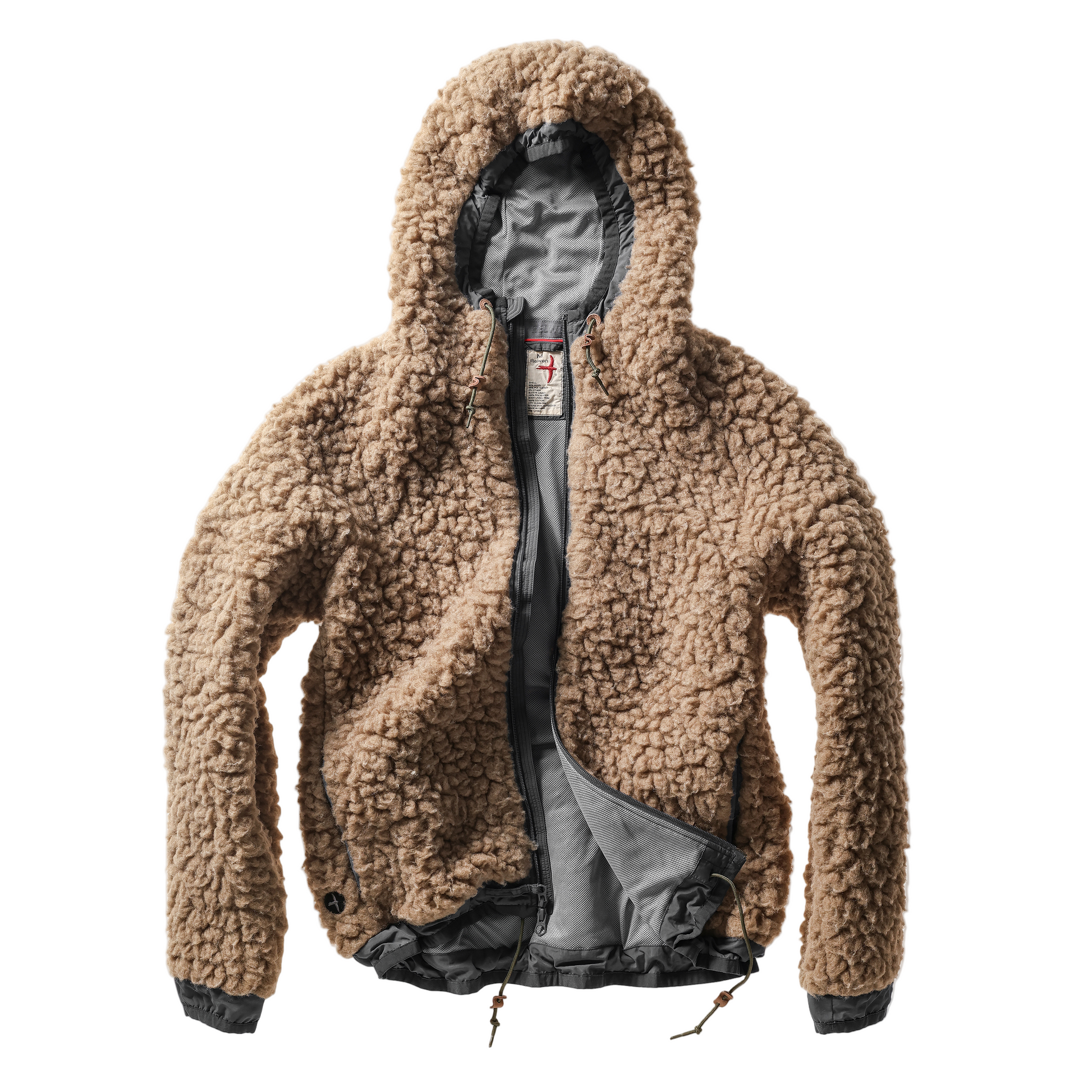 Brown sherpa jacket with a hood on a white background