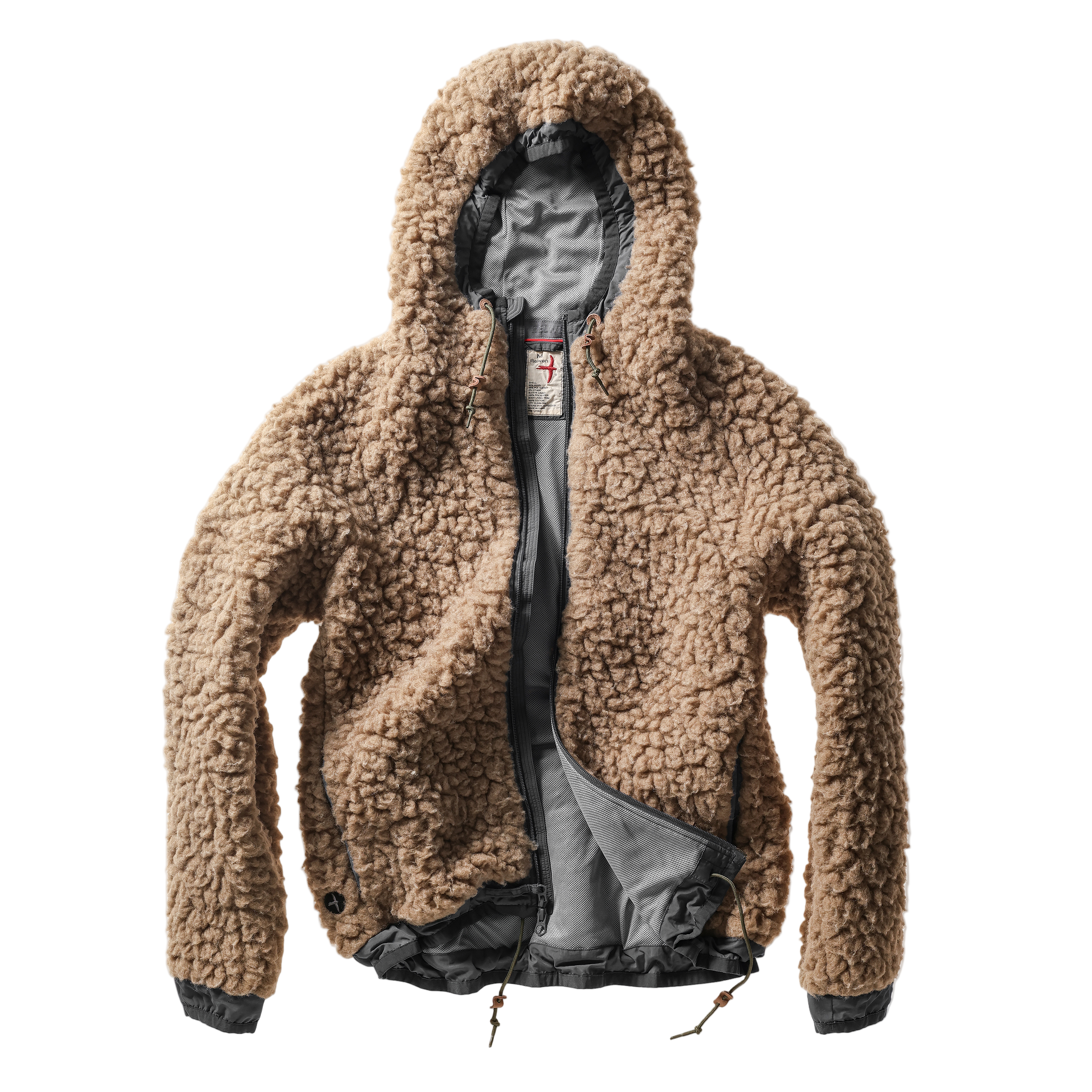 Brown sherpa jacket with a hood on a white background
