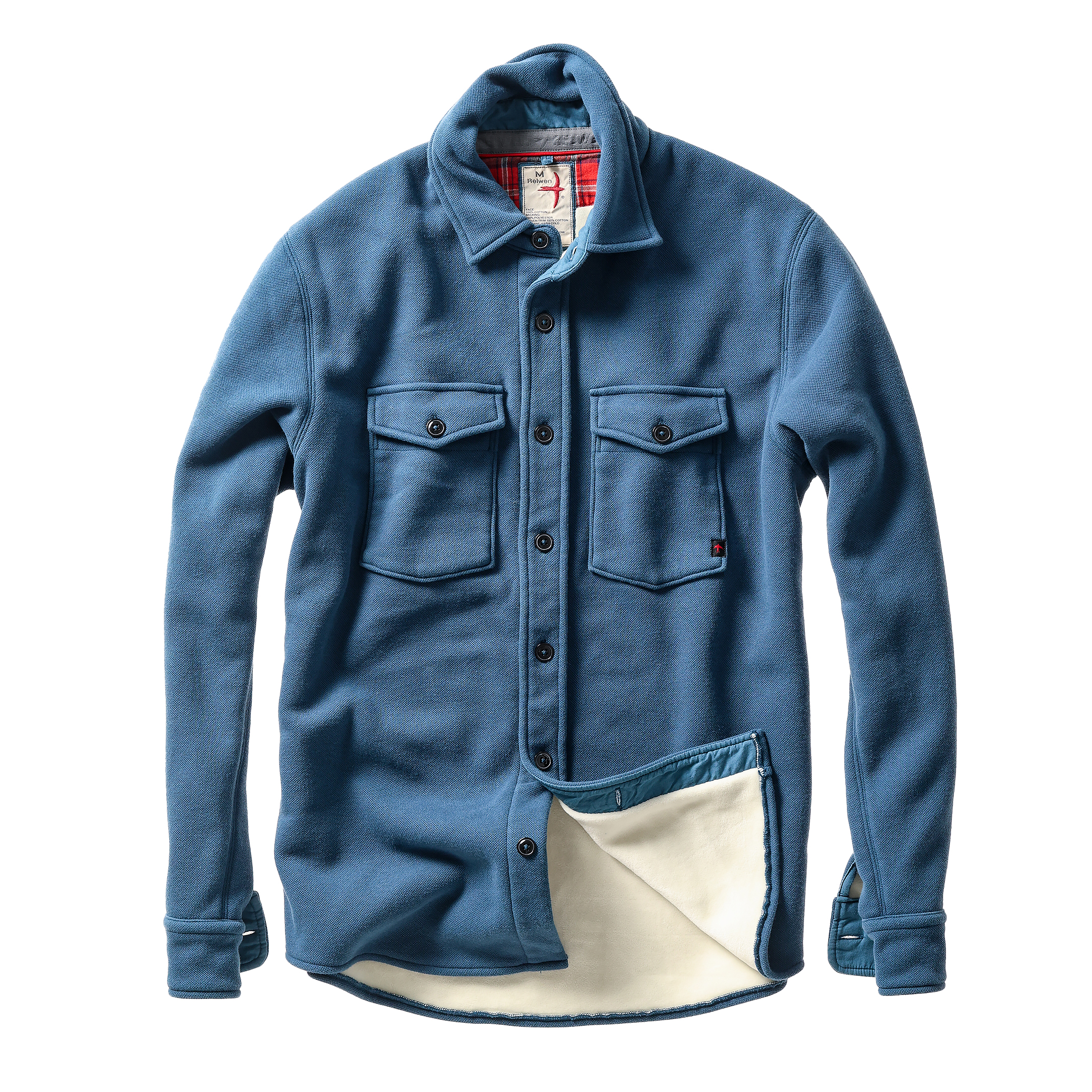 Blue denim shirt with white lining on a white background