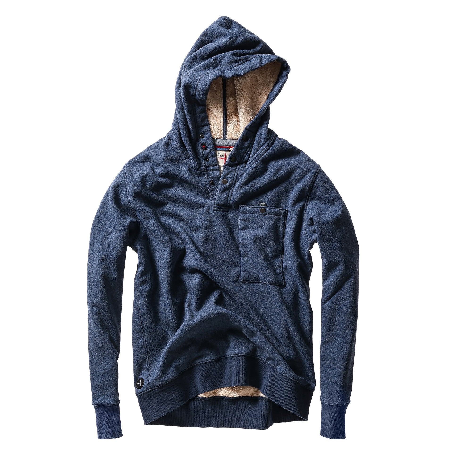 Blue hoodie with a front pocket on a white background