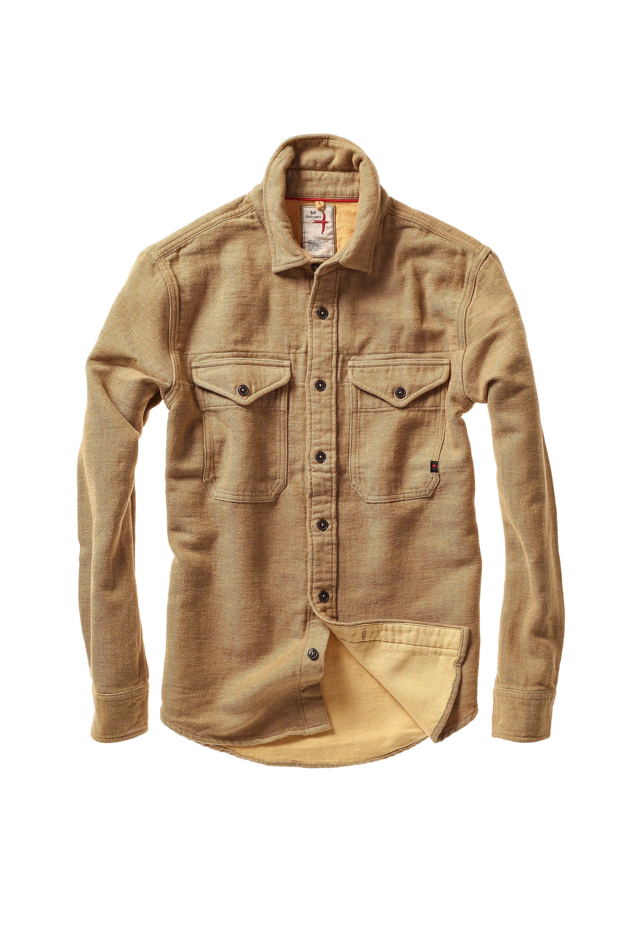 A tan long-sleeve button-up shirt with two buttoned chest pockets, shown flat against a solid white background.