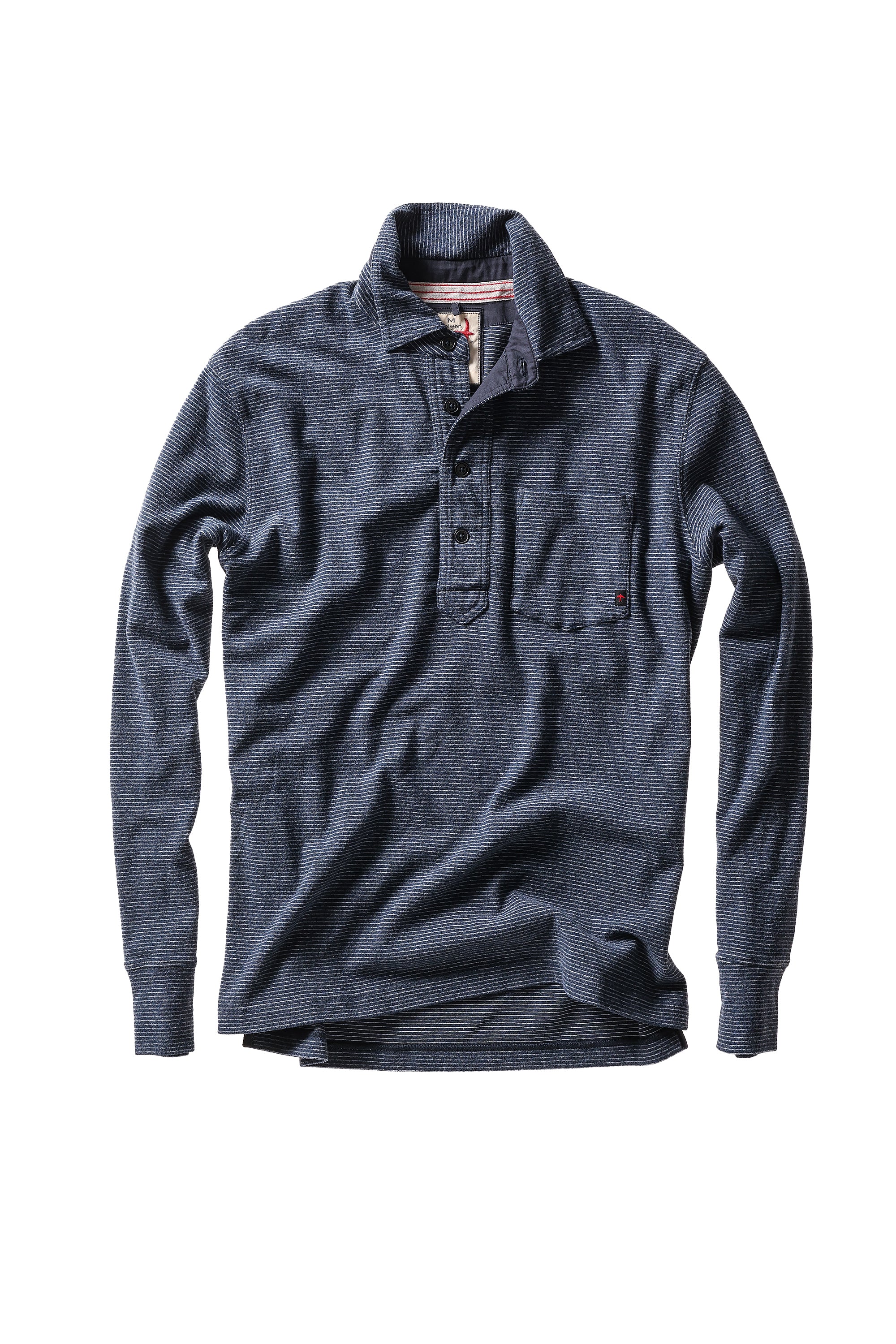 A dark navy blue long-sleeve knit polo shirt with a buttoned collar and a chest pocket, displayed flat against a solid white background.