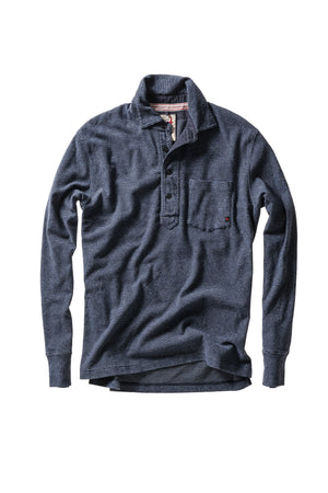 A dark navy blue long-sleeve knit polo shirt with a buttoned collar and a chest pocket, displayed flat against a solid white background.
