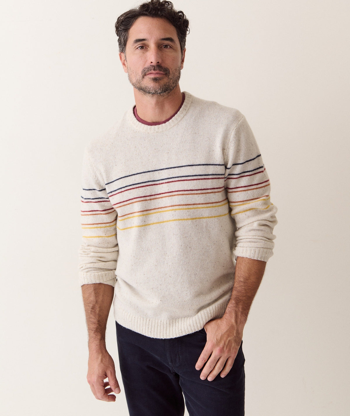 Coastal Merino Crew Sweater - Snowhill Sunset Stripe