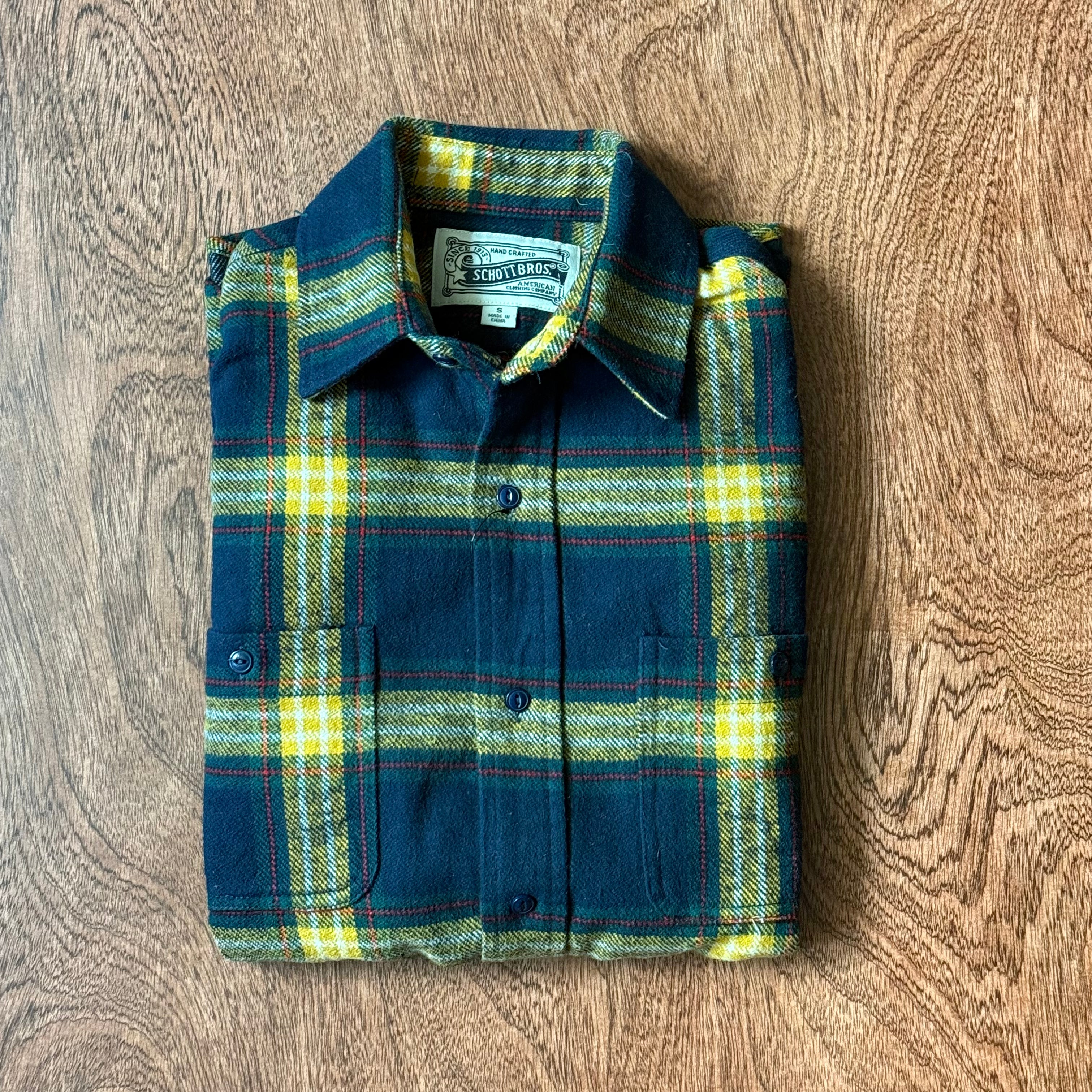 Plaid Cotton Flannel Shirt - Gold/Navy