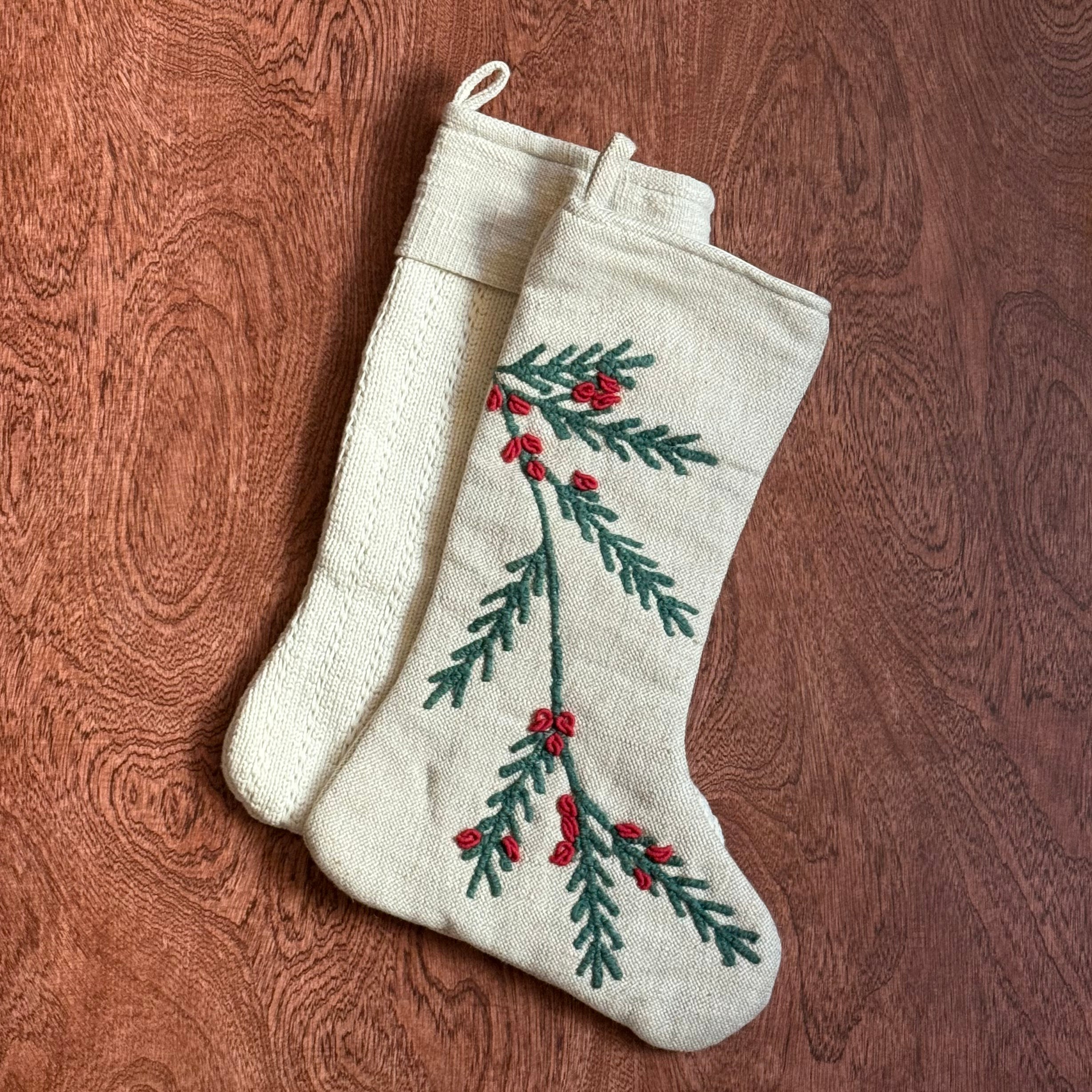 Woven Cotton & Jute Stocking w/ Embroidered Holly & Berries