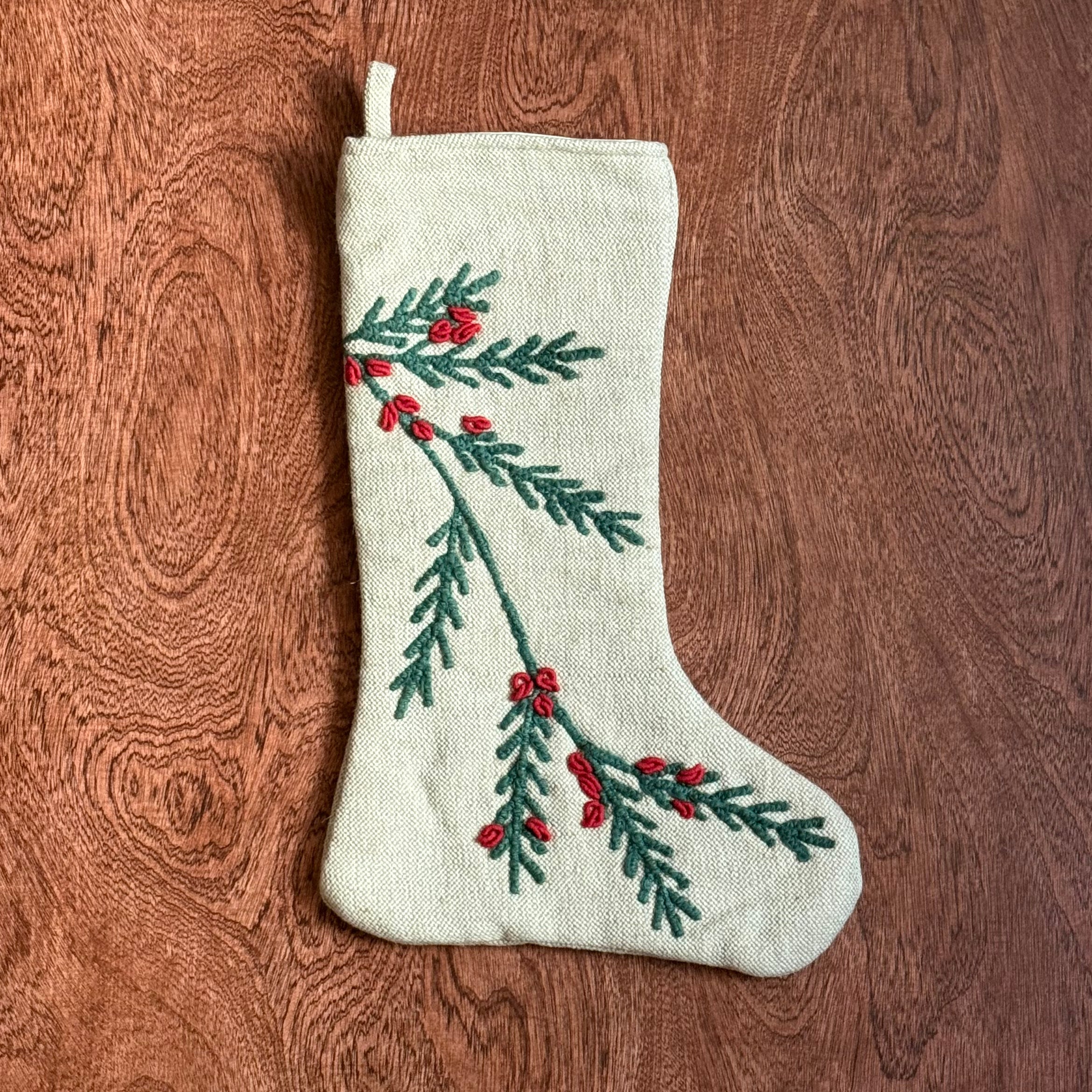 Woven Cotton & Jute Stocking w/ Embroidered Holly & Berries