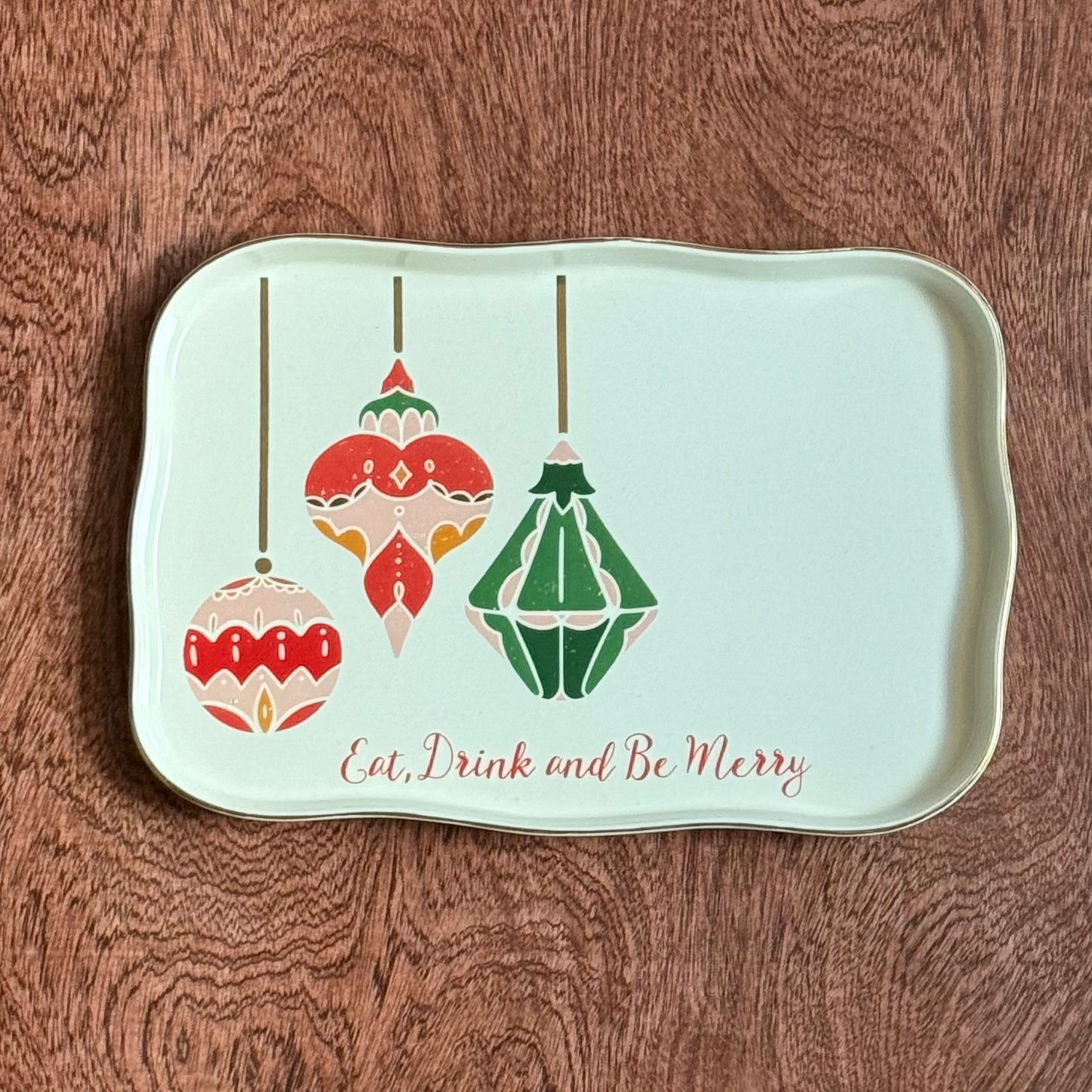 13"L x 8 1/2"W Stoneware Tray w/Ornaments & Gold Electroplating "Eat Drink & Be Merry"