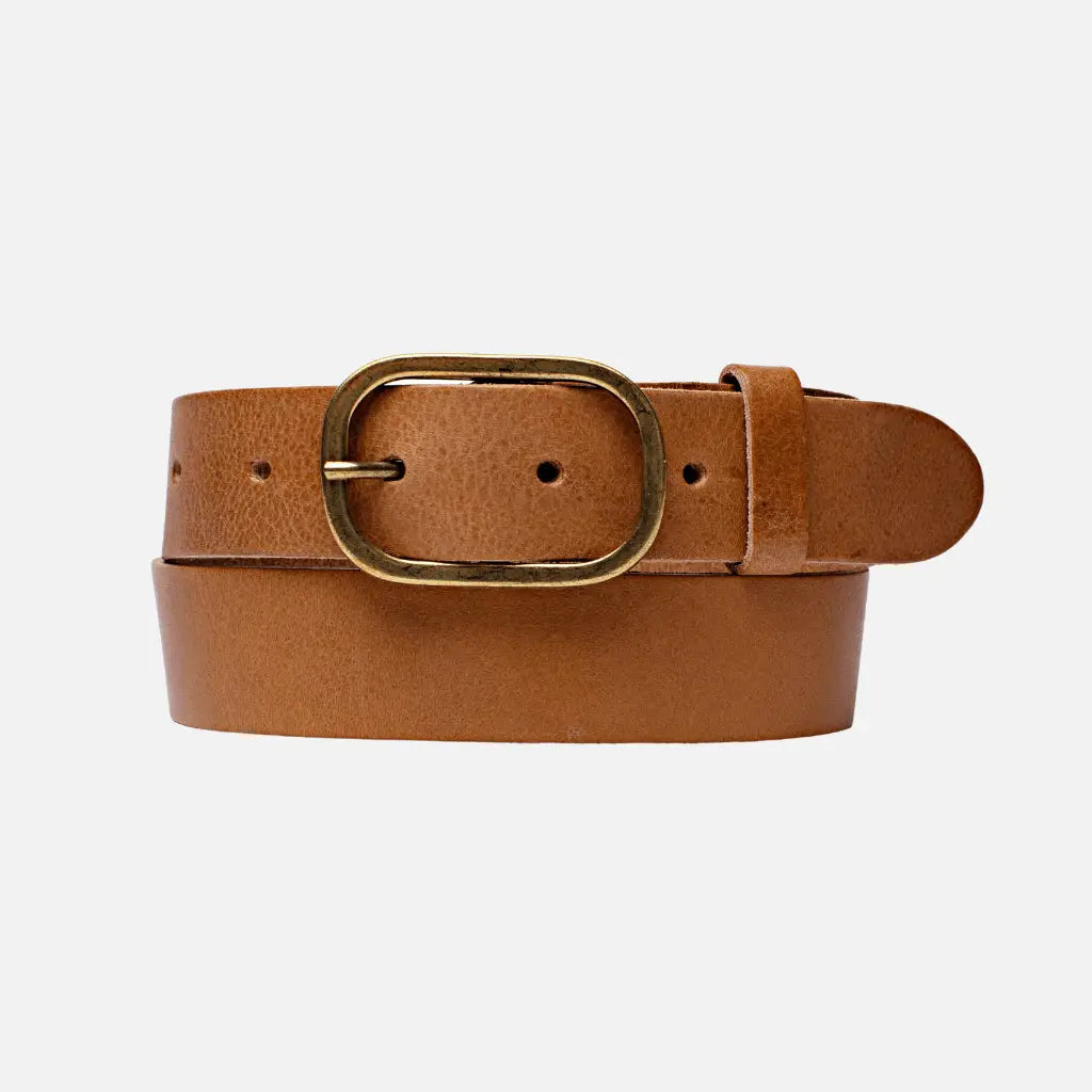 Marin Gold Oval Buckle Design Statement Leather Belt Women - Camel