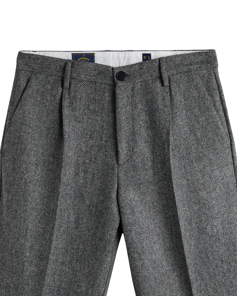 Herringbone Single Pleat Trousers - Grey