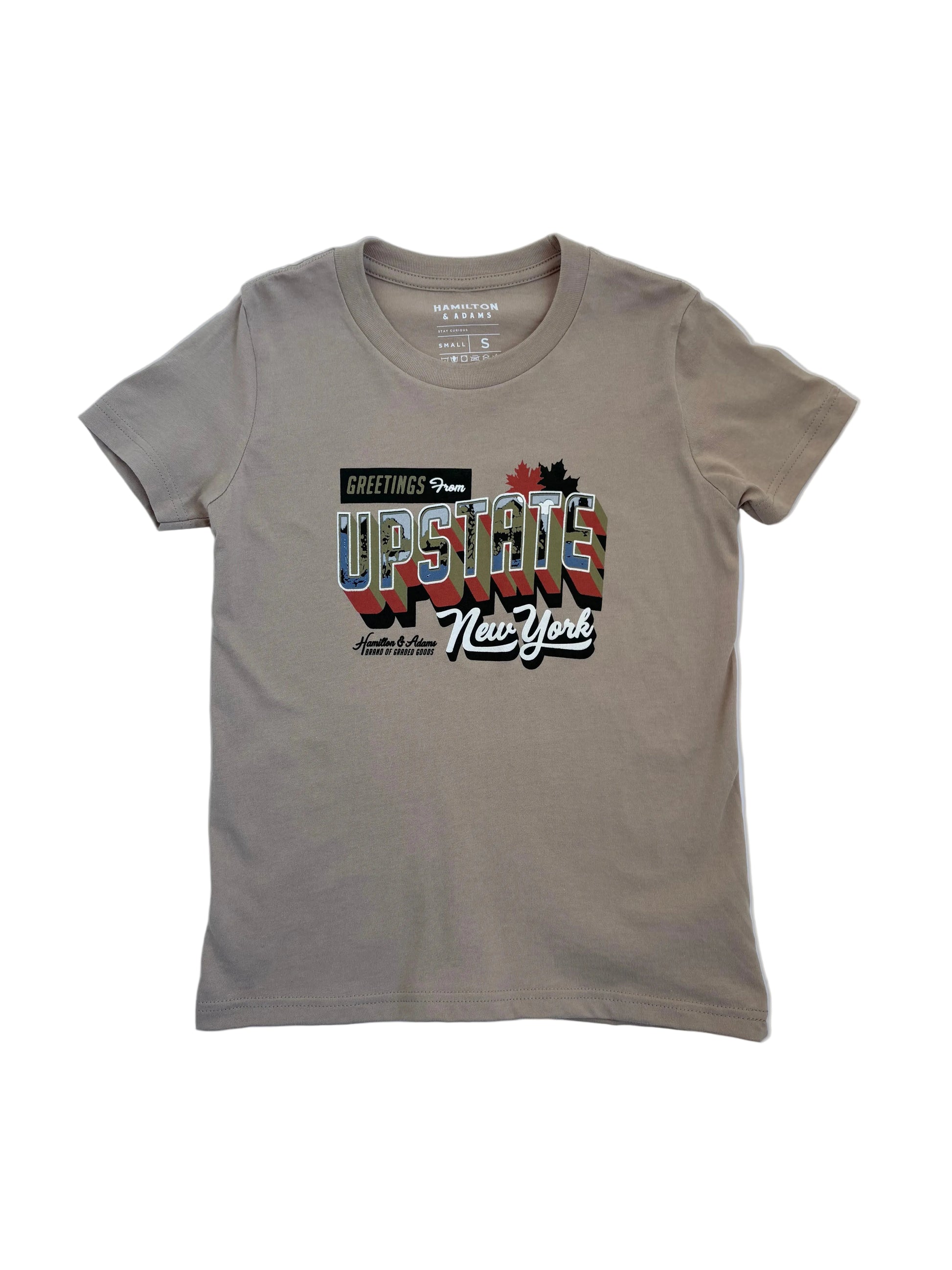 Beige t-shirt with colorful graphic design on a white background