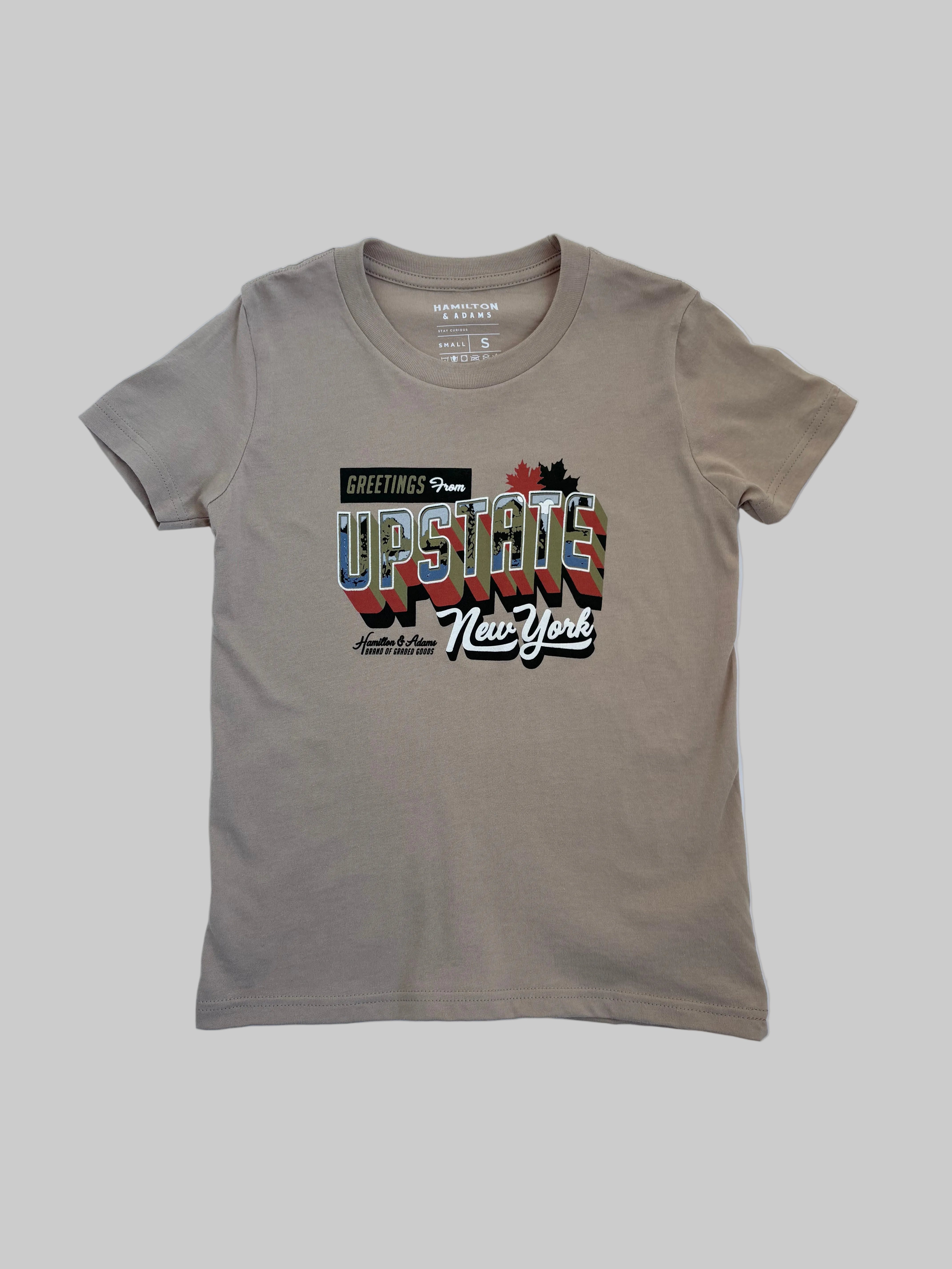 Beige t-shirt with colorful graphic design on a white background