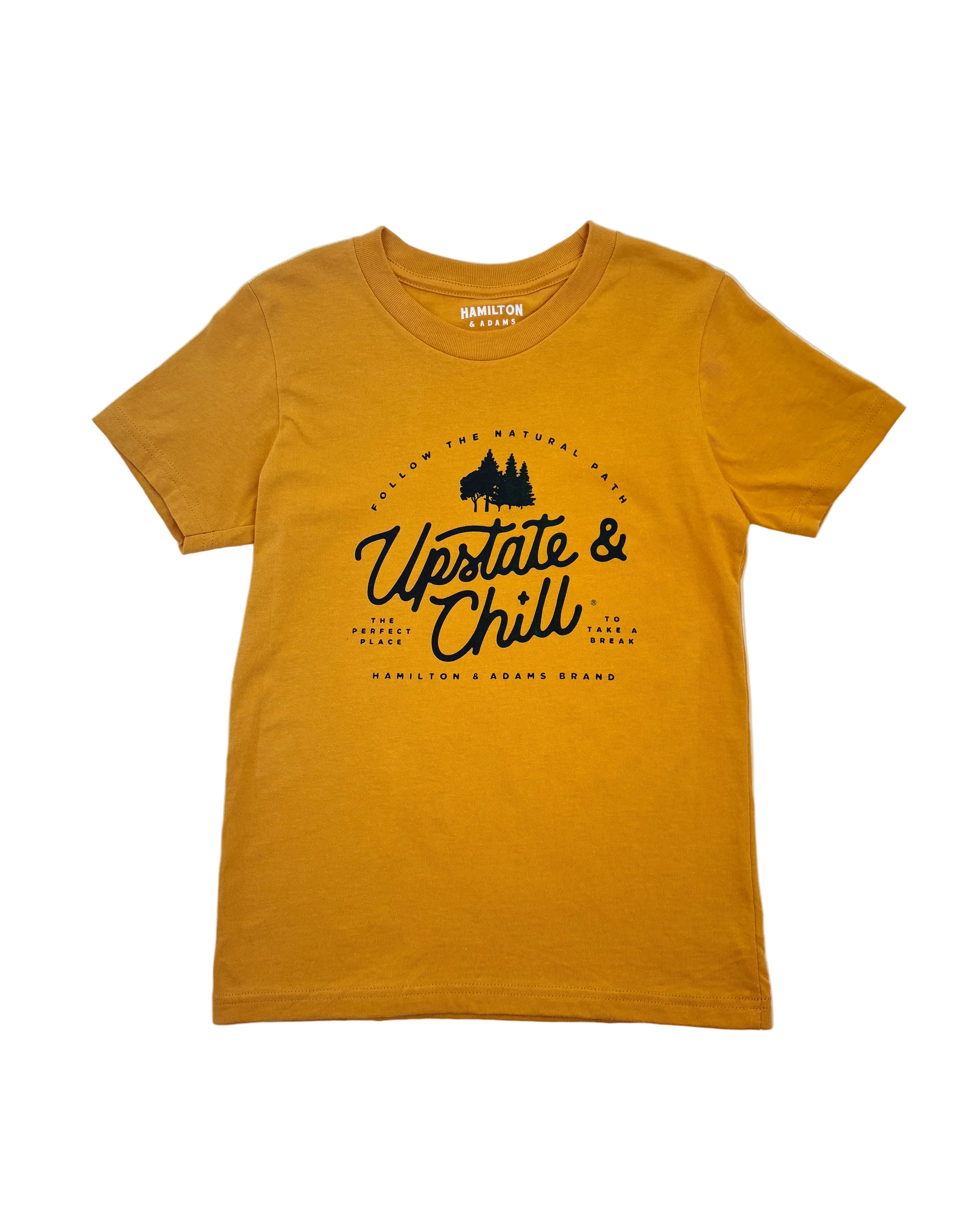 Mustard yellow t-shirt with black text and graphics on a white background