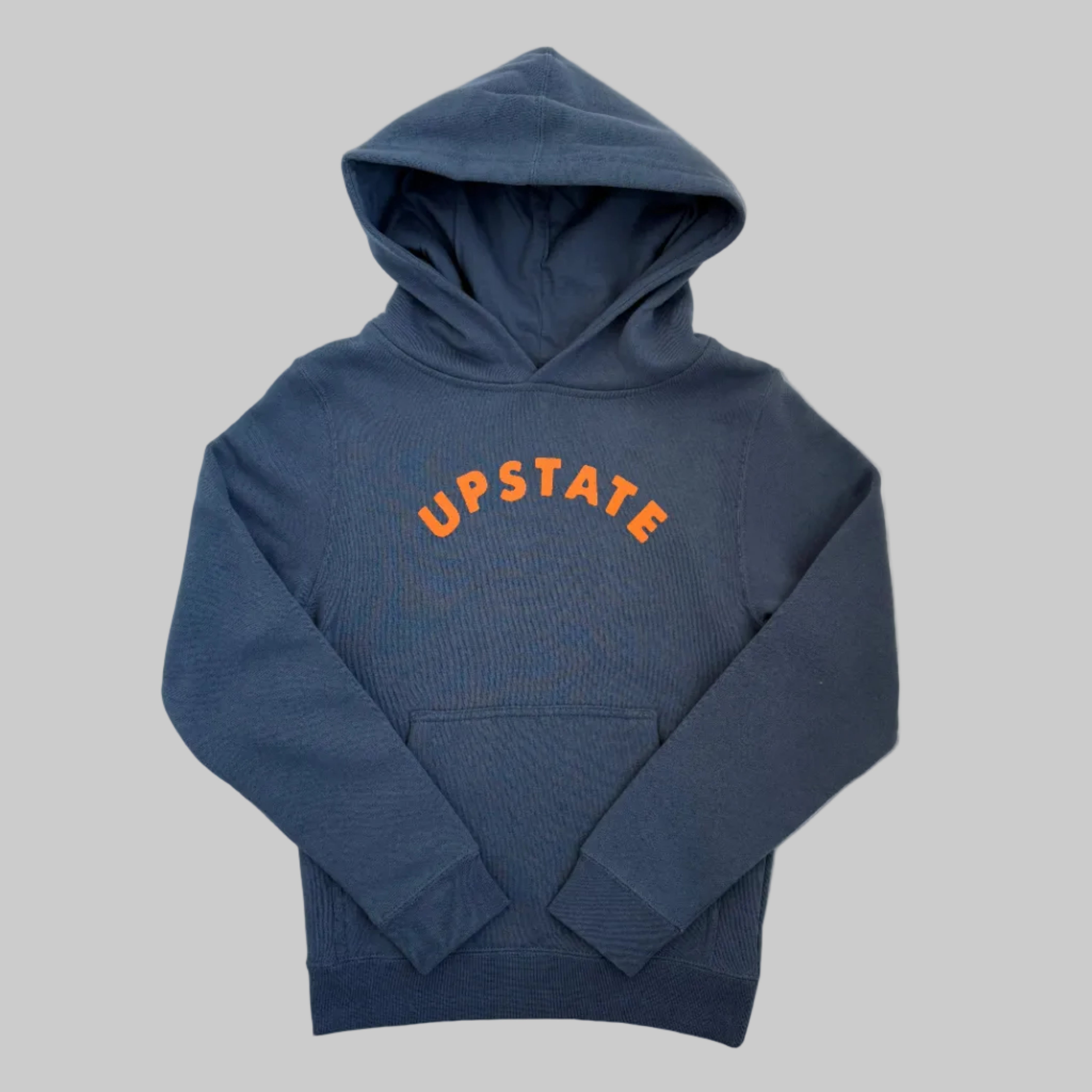 Blue hoodie with 'UPSTATE' text on a gray background