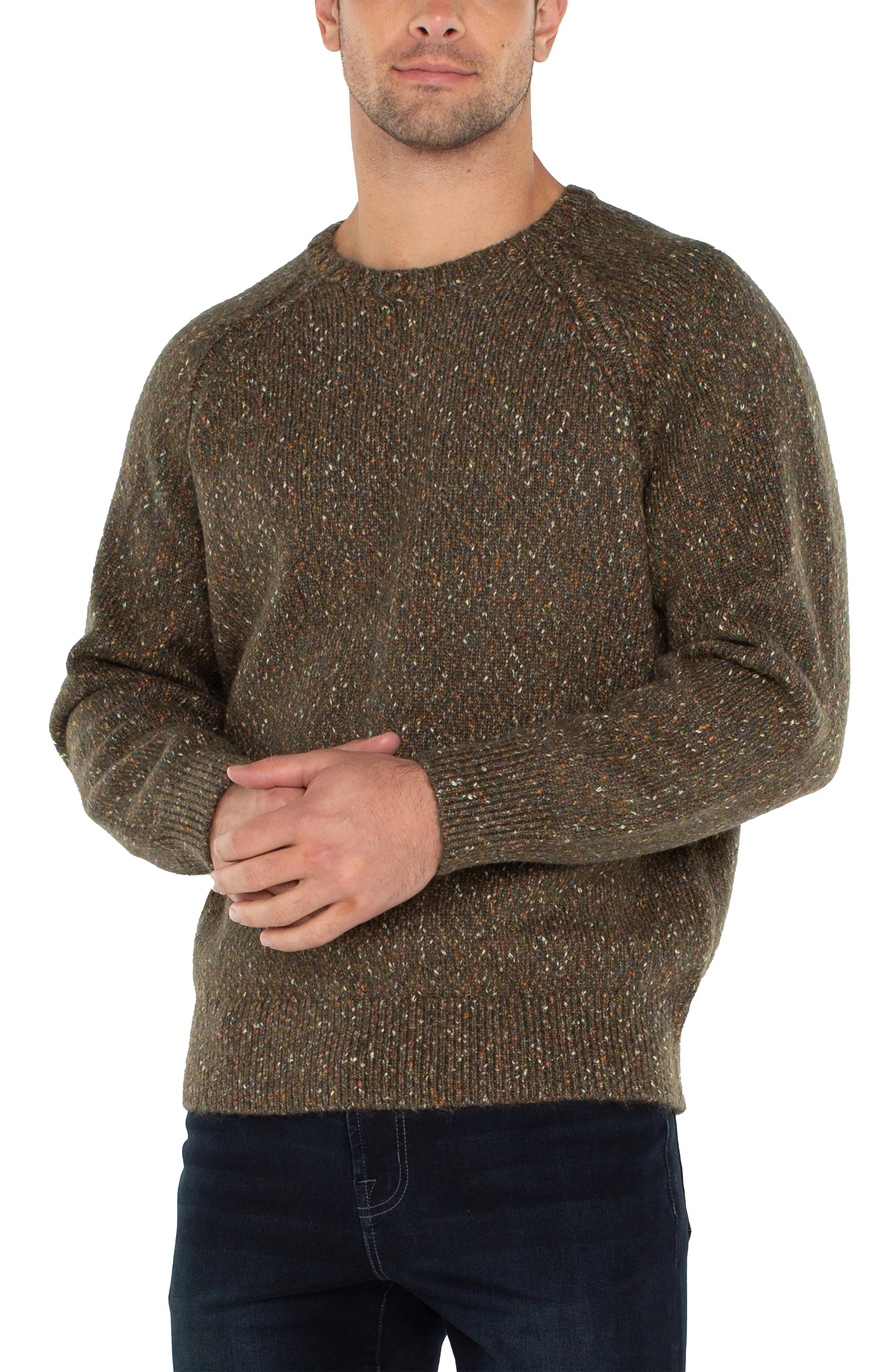 Crew Neck Raglan Sweater - Olive Multi