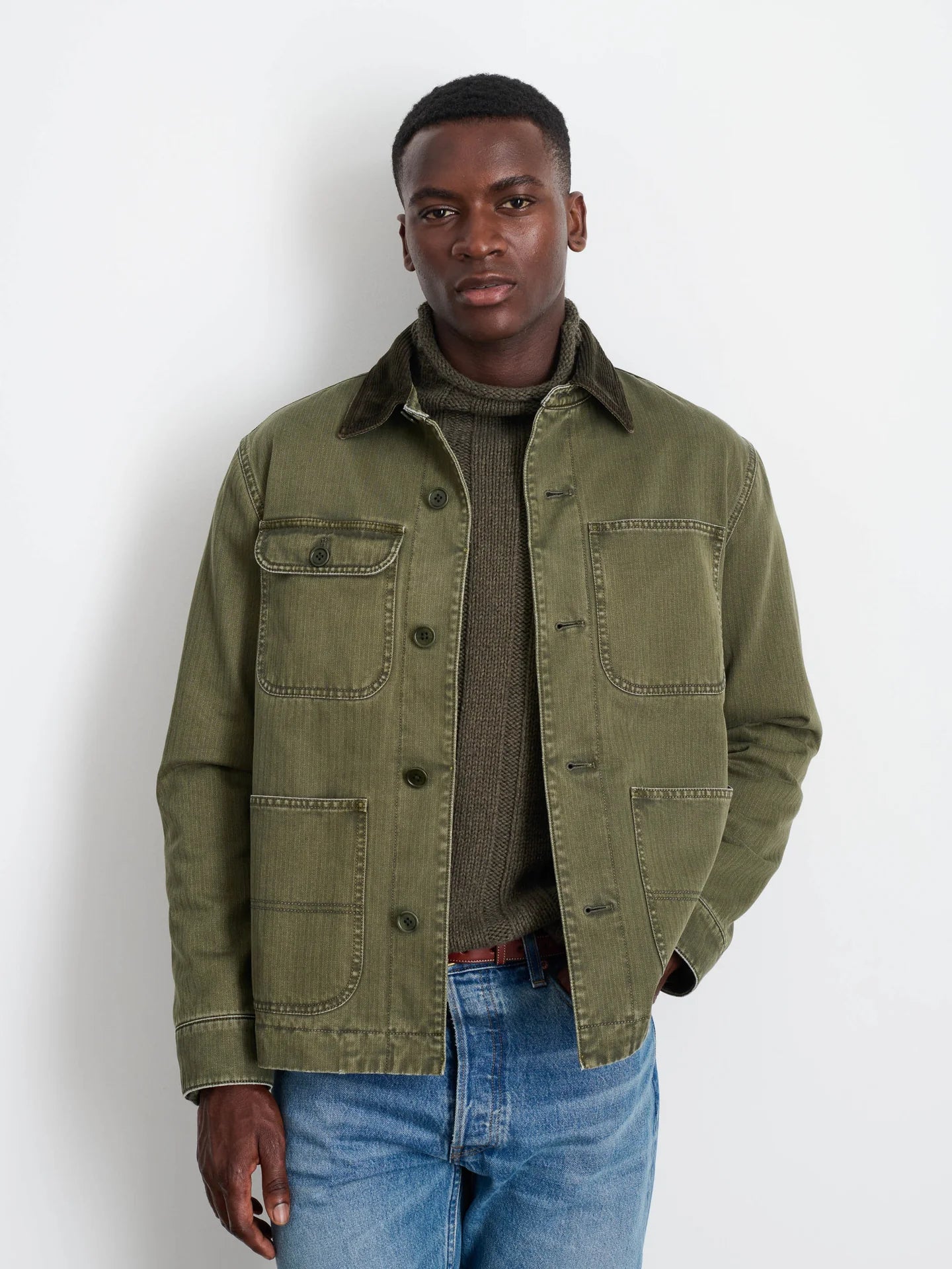 Work Jacket in Herringbone Cotton - Field Olive