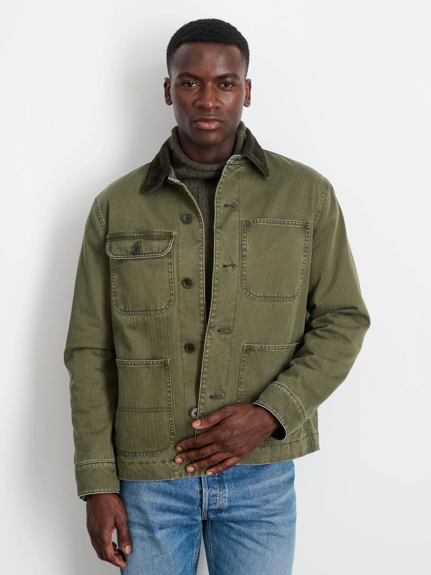 Work Jacket in Herringbone Cotton - Field Olive