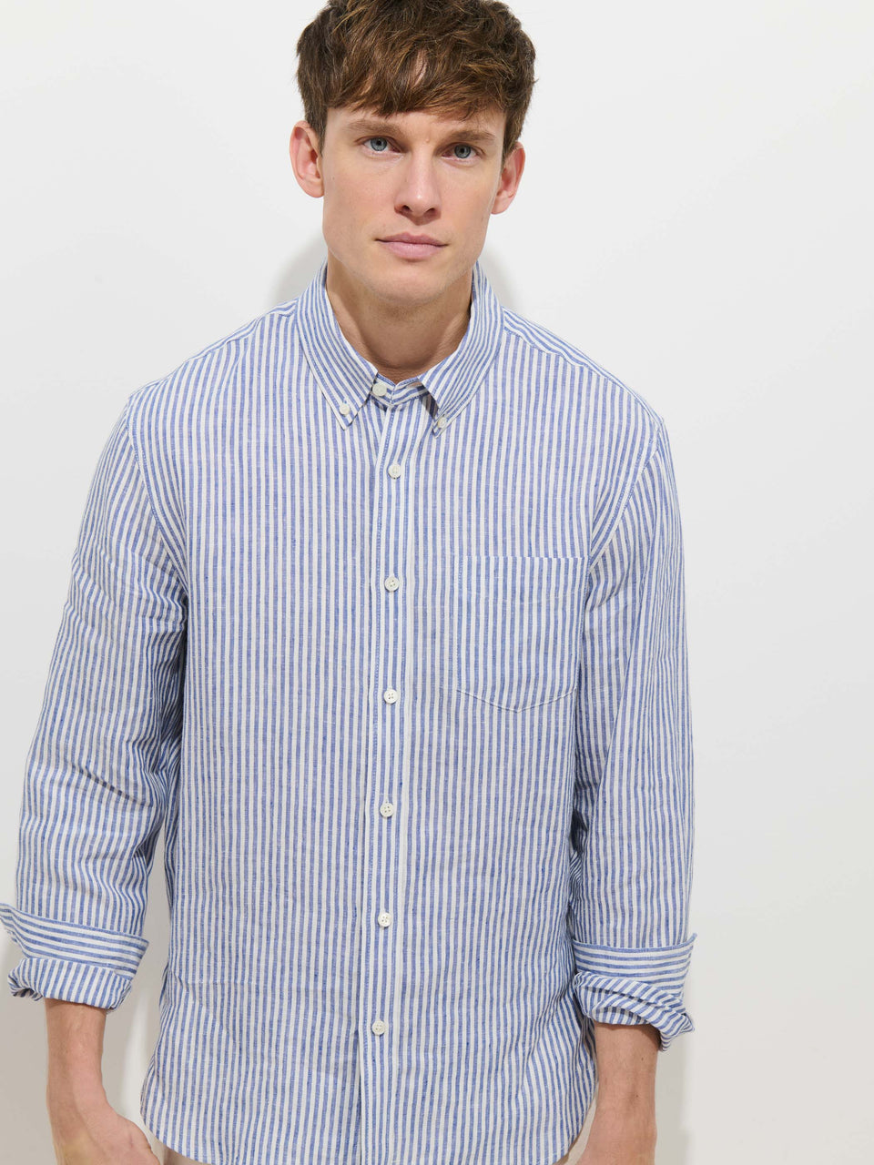 Mill Dress Shirt in Linen Stripe - Blue / White
