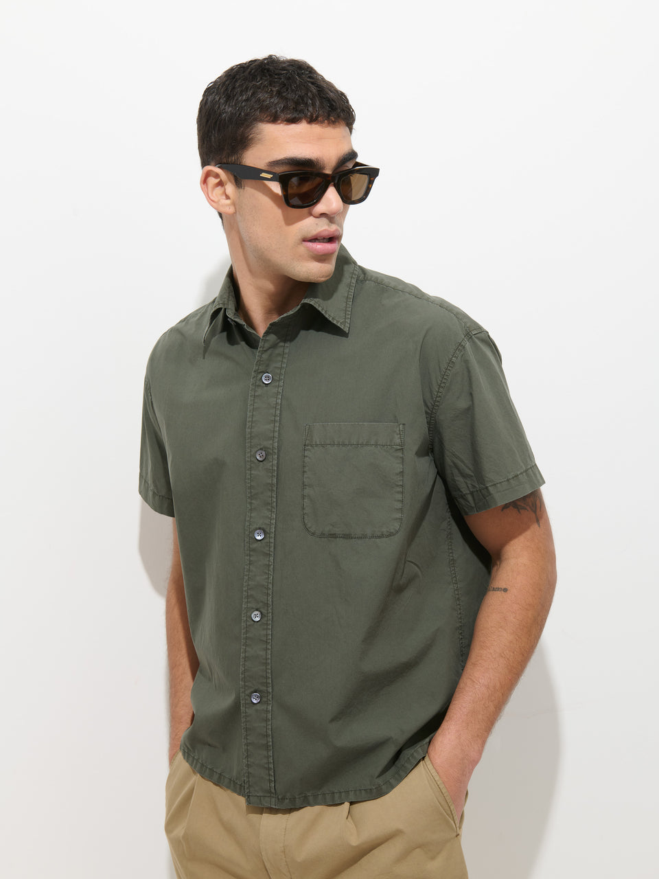 Franklin Short Sleeve Shirt In Paper Poplin - Flight Green