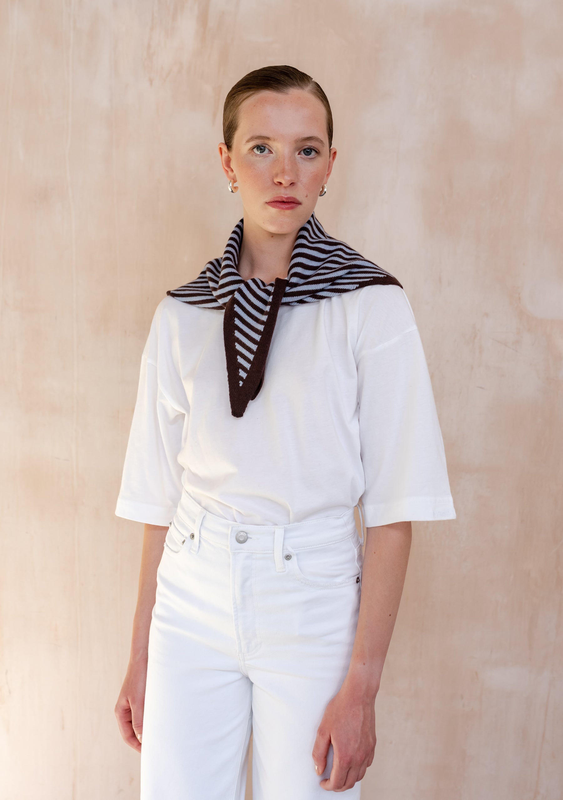 Merino Triangle Scarf in Blue & Brown Stripe