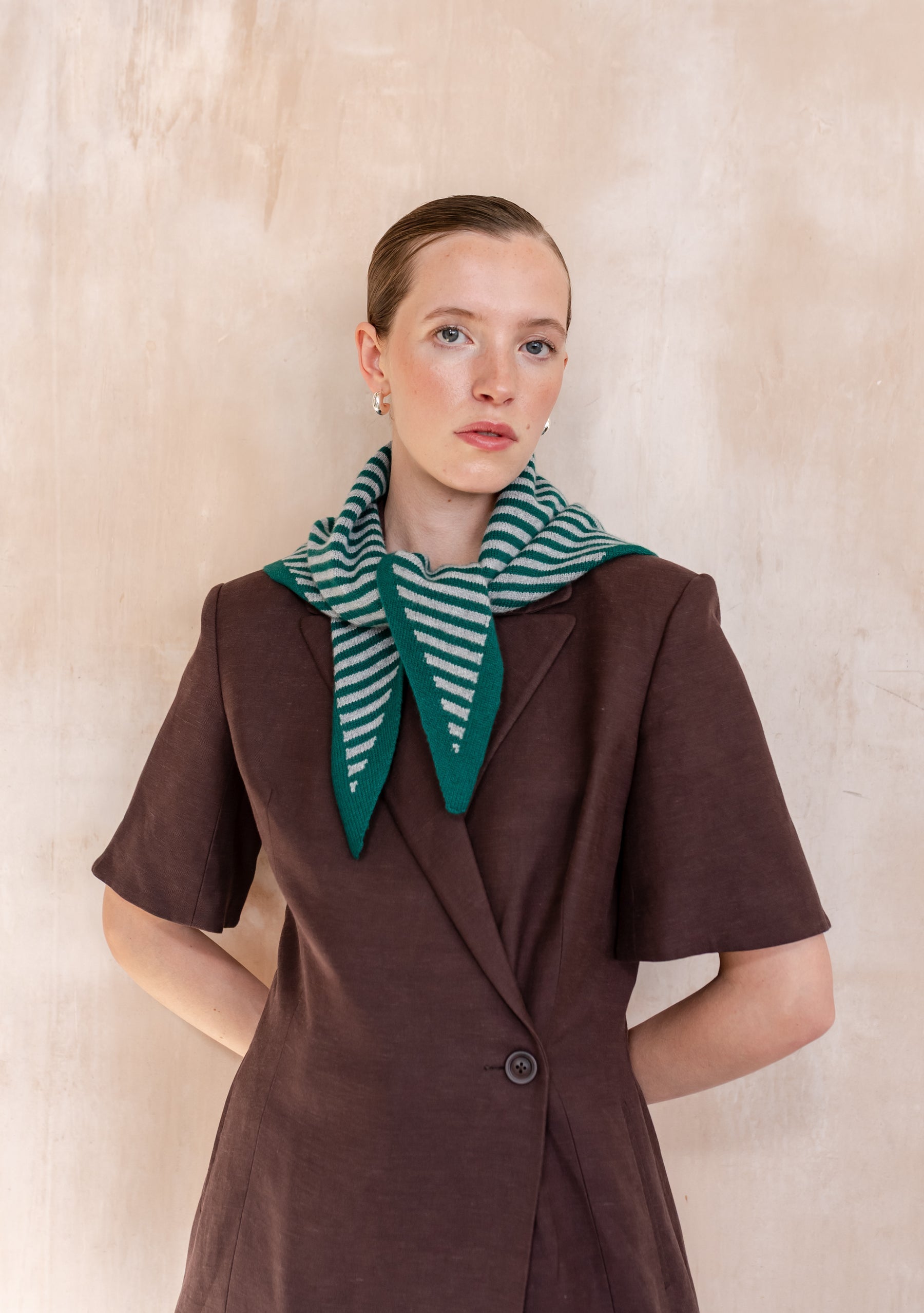 Merino Triangle Scarf in Green & Charcoal Stripe
