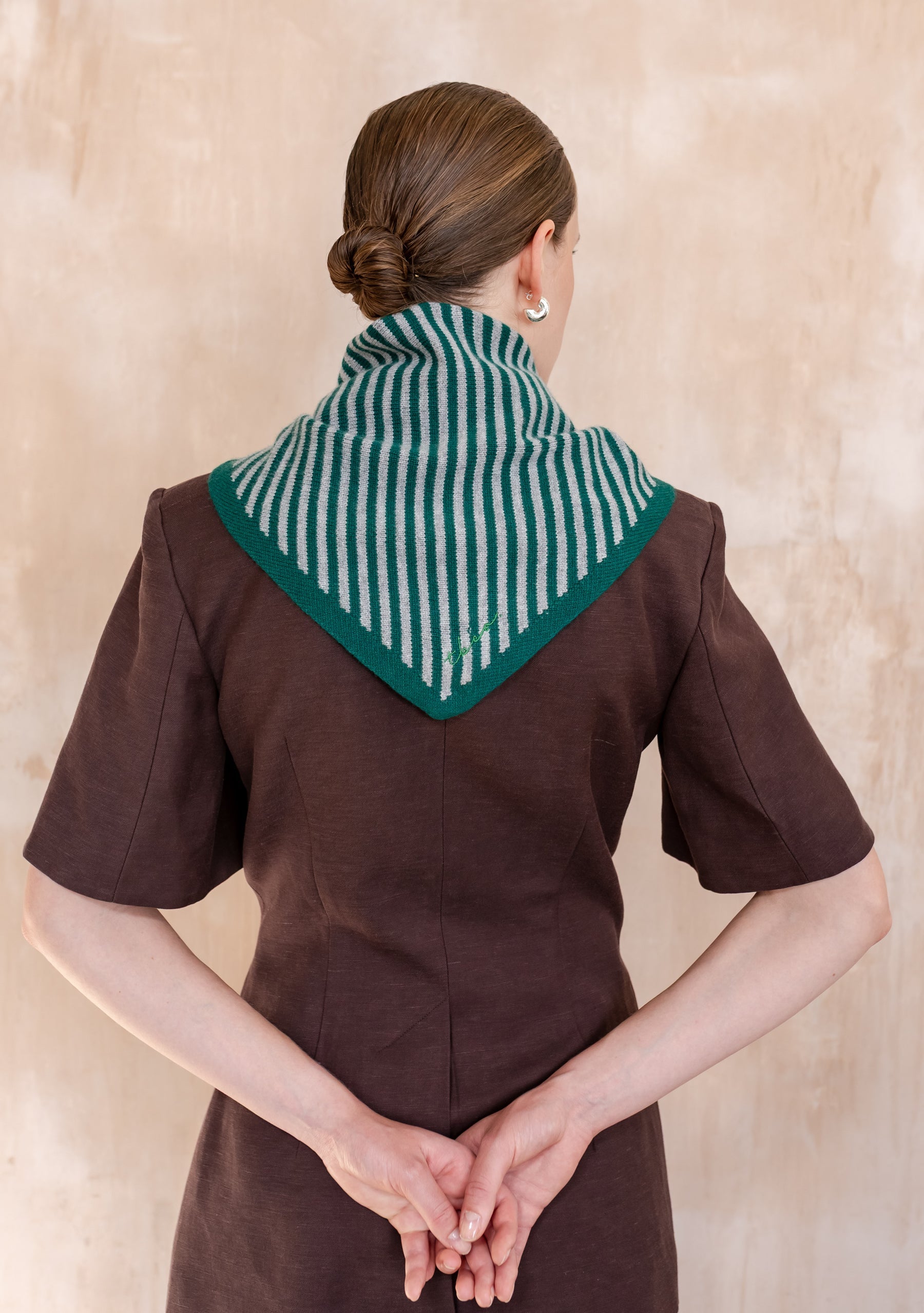 Merino Triangle Scarf in Green & Charcoal Stripe