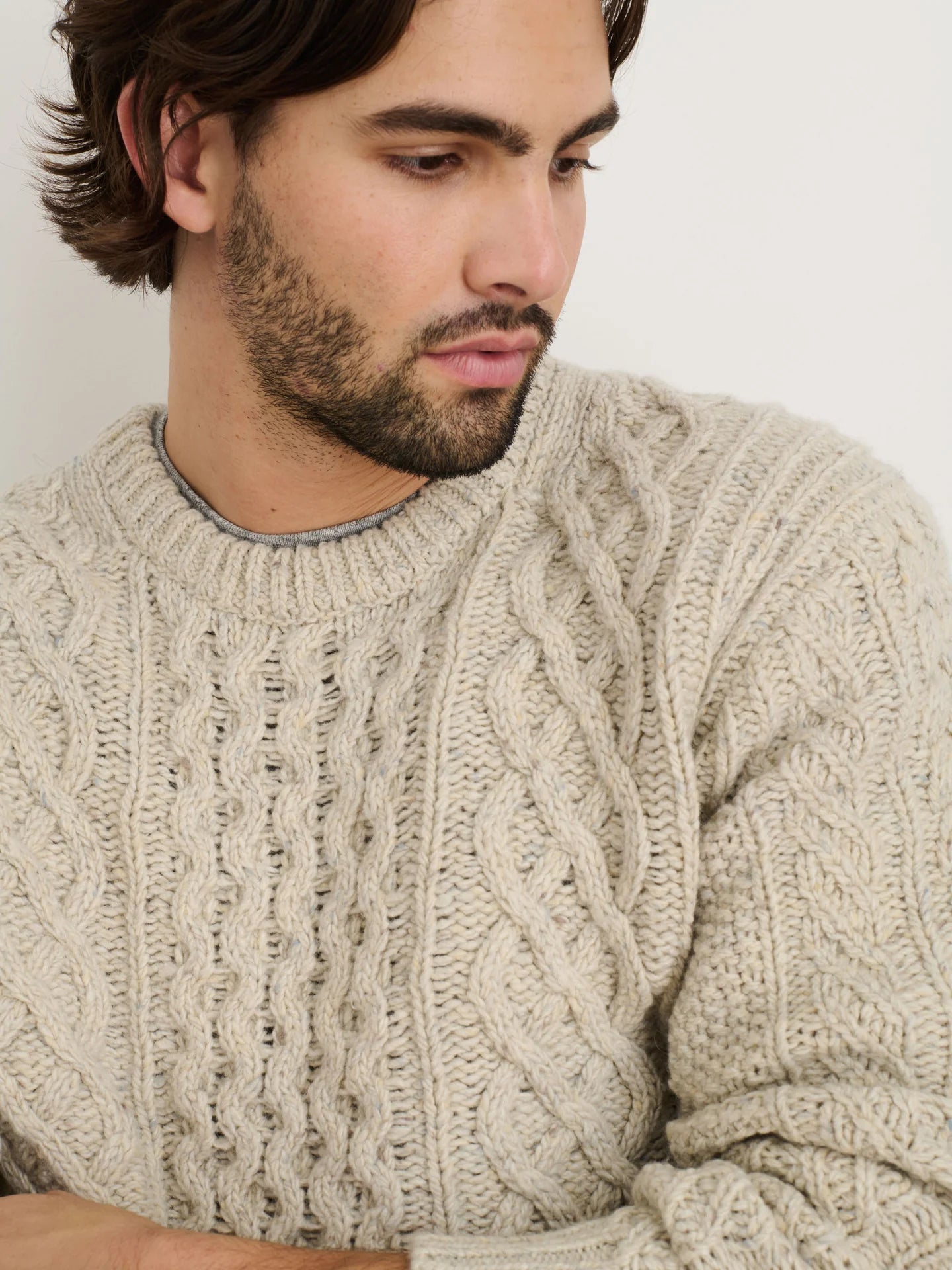 Donegal Fisherman Sweater in Extra Fine Merino Wool - Oatmeal