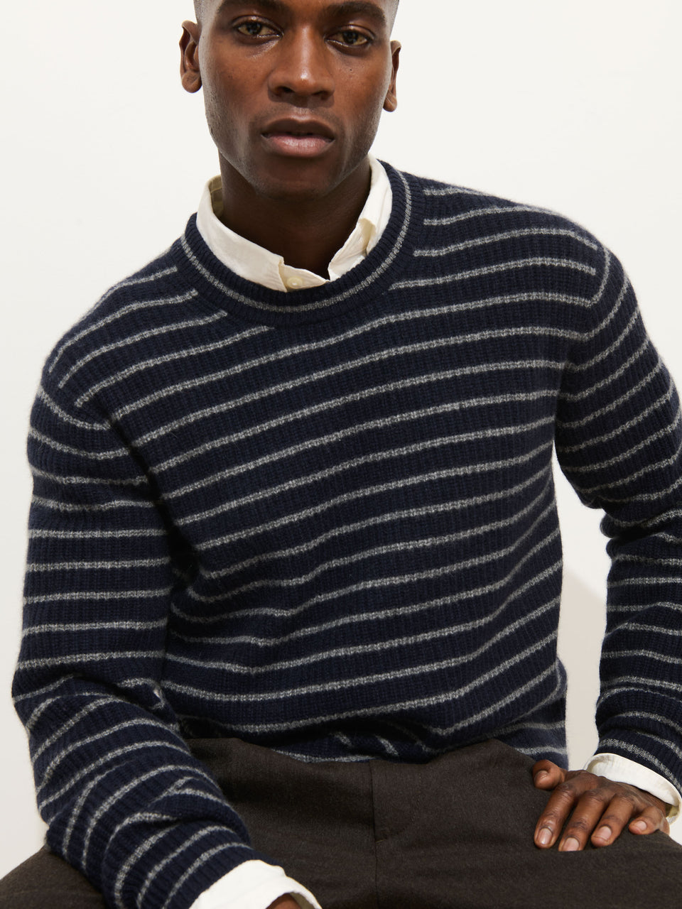 Jordan Striped Sweater in Cashmere - Navy/Heather Grey